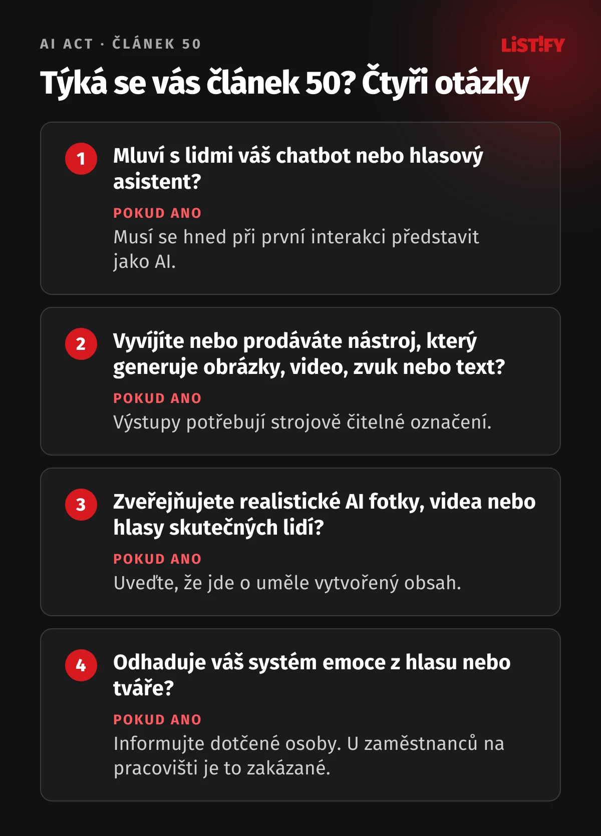 Týká se vás článek 50? Chatbot mluví s lidmi: představit se jako AI. Generujete obsah: strojové označení. Realistické AI fotky či hlasy: označit. Rozpoznávání emocí: informovat, u zaměstnanců zakázané