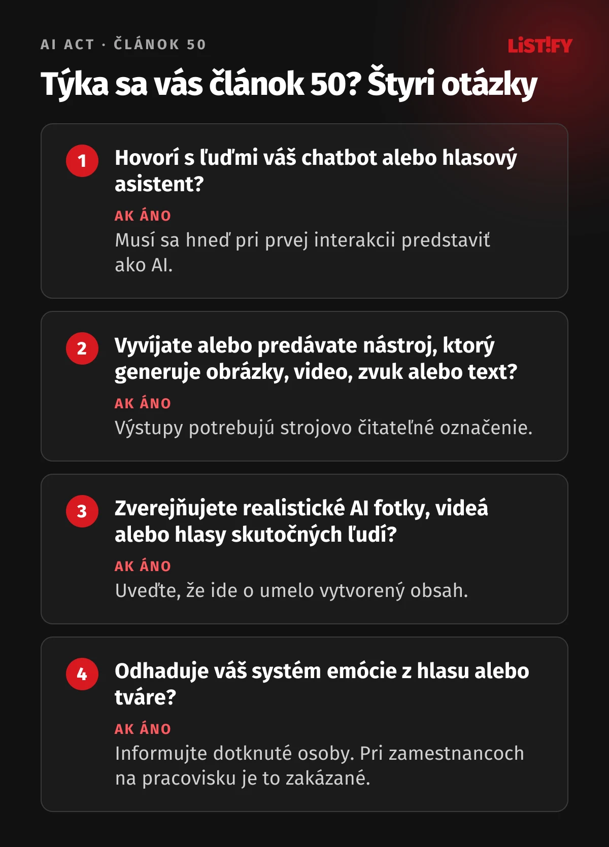 Týka sa vás článok 50? Chatbot hovorí s ľuďmi: predstaviť sa ako AI. Generujete obsah: strojové označenie. Realistické AI fotky či hlasy: označiť. Rozpoznávanie emócií: informovať, pri zamestnancoch zakázané