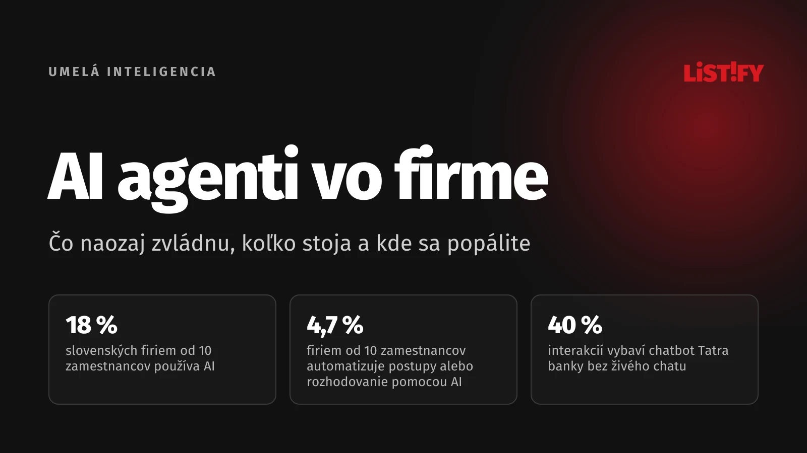 AI agenti vo firme: AI používa 18 % slovenských firiem, pracovné postupy pomocou AI automatizuje 4,7 %, chatbot Tatra banky vybaví približne 40 % interakcií
