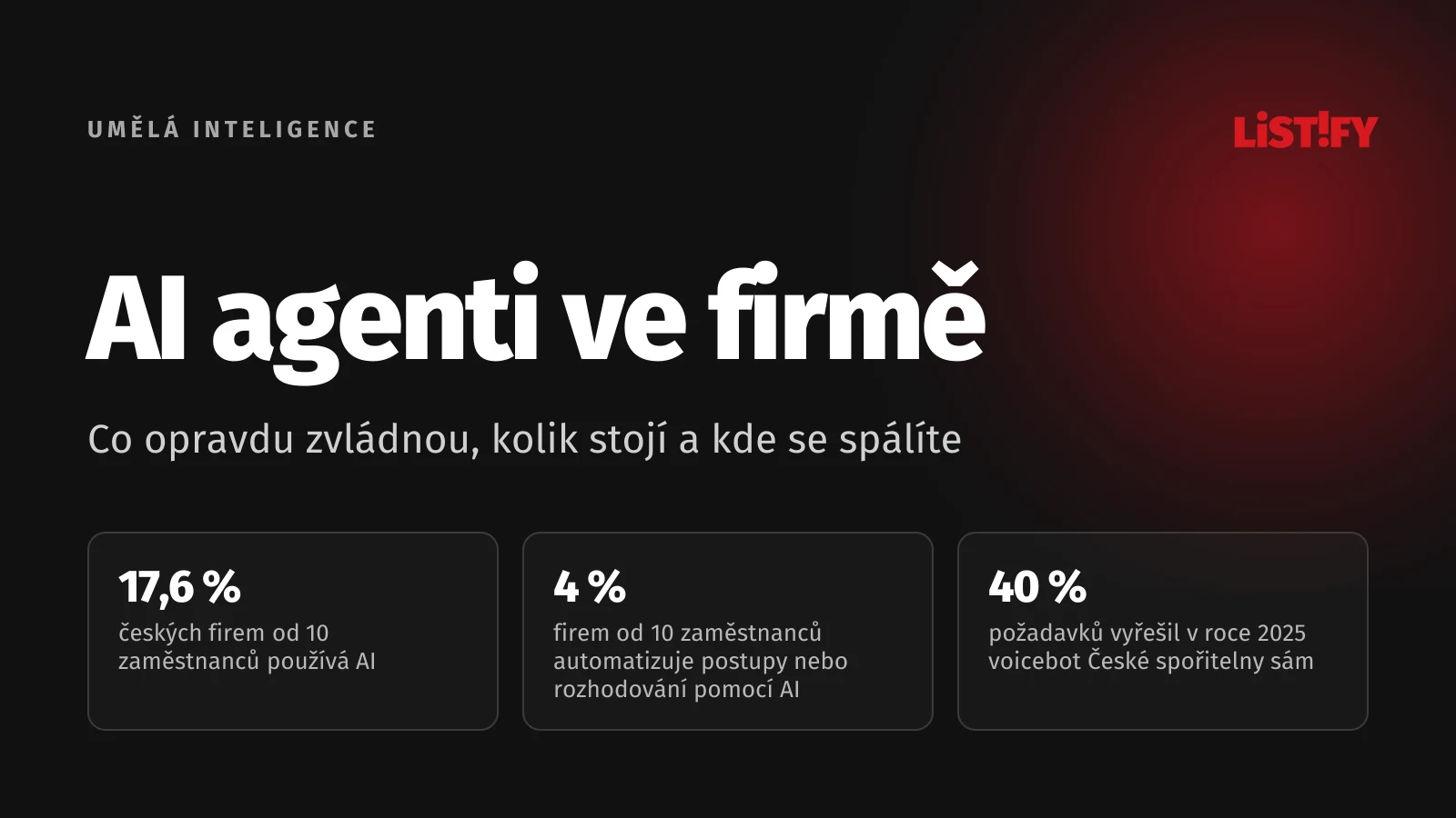AI agenti ve firmě: AI používá 17,6 % českých firem, postupy pomocí AI automatizují 4 %, voicebot České spořitelny vyřešil v roce 2025 sám 40 % požadavků
