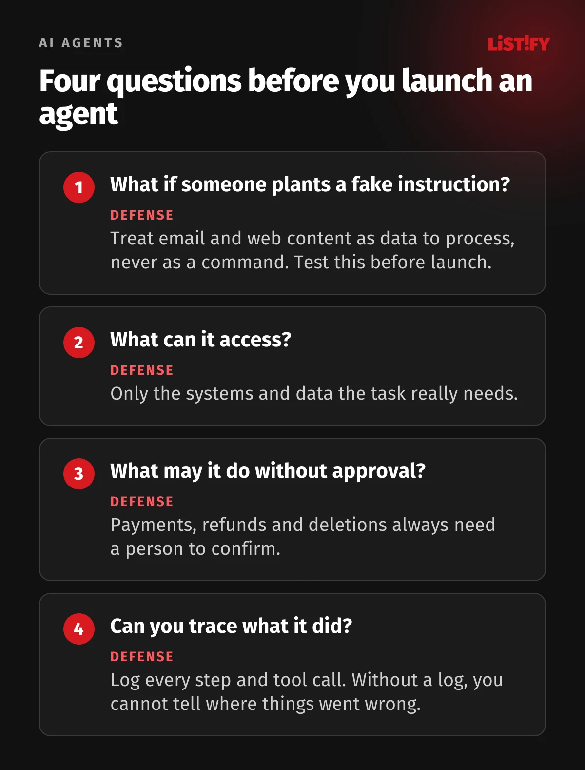 Four questions before launching an agent: what happens if someone plants a fake instruction, what it can access, what it may do without approval and whether you can trace what it did. Each comes with a recommended defense.