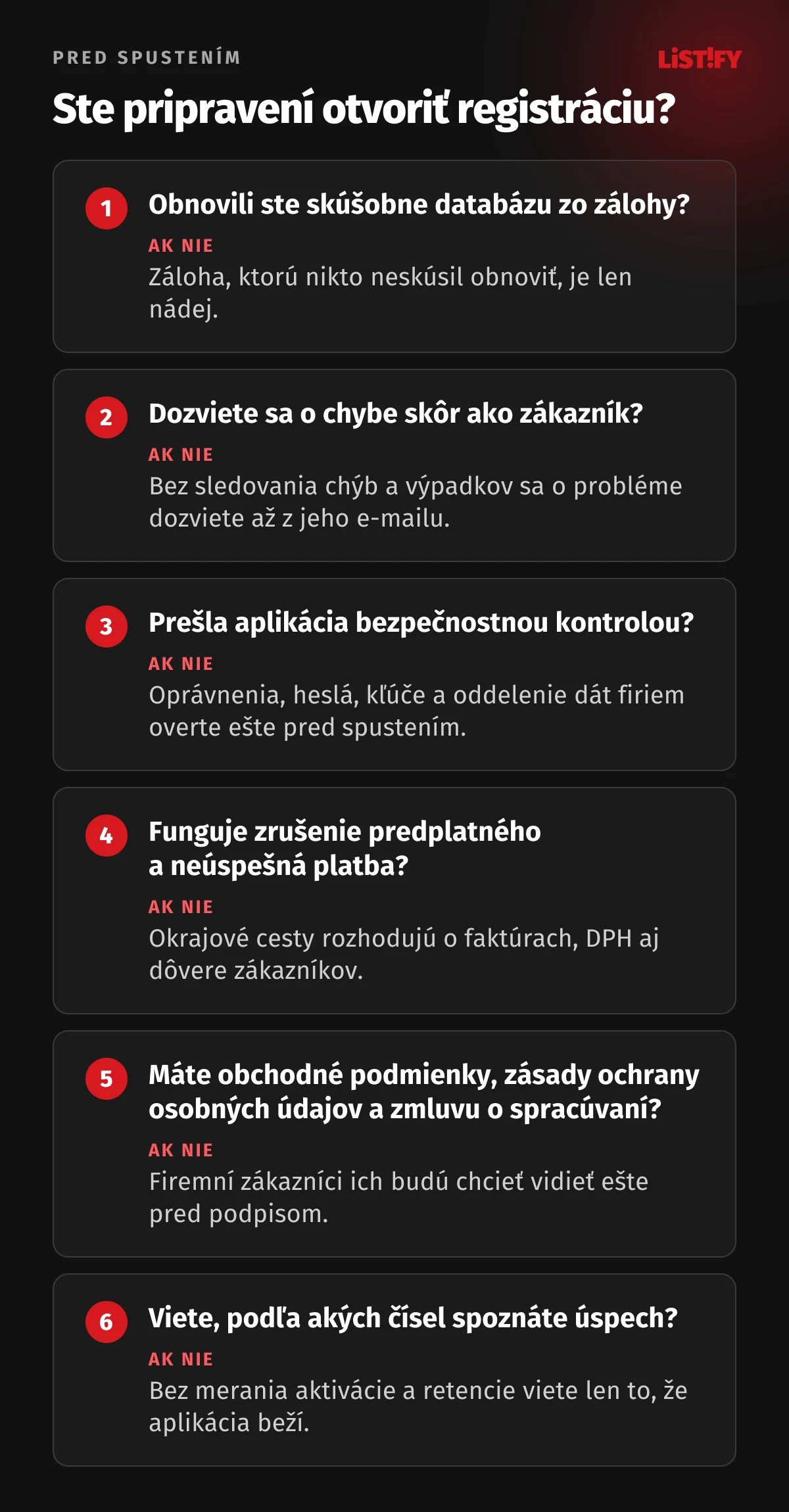 Šesť otázok pred spustením SaaS aplikácie: skúšobná obnova databázy zo zálohy, sledovanie chýb, bezpečnostná kontrola, zrušenie predplatného a neúspešná platba, obchodné podmienky, zásady ochrany osobných údajov a zmluva o spracúvaní, čísla, podľa ktorých spoznáte úspech