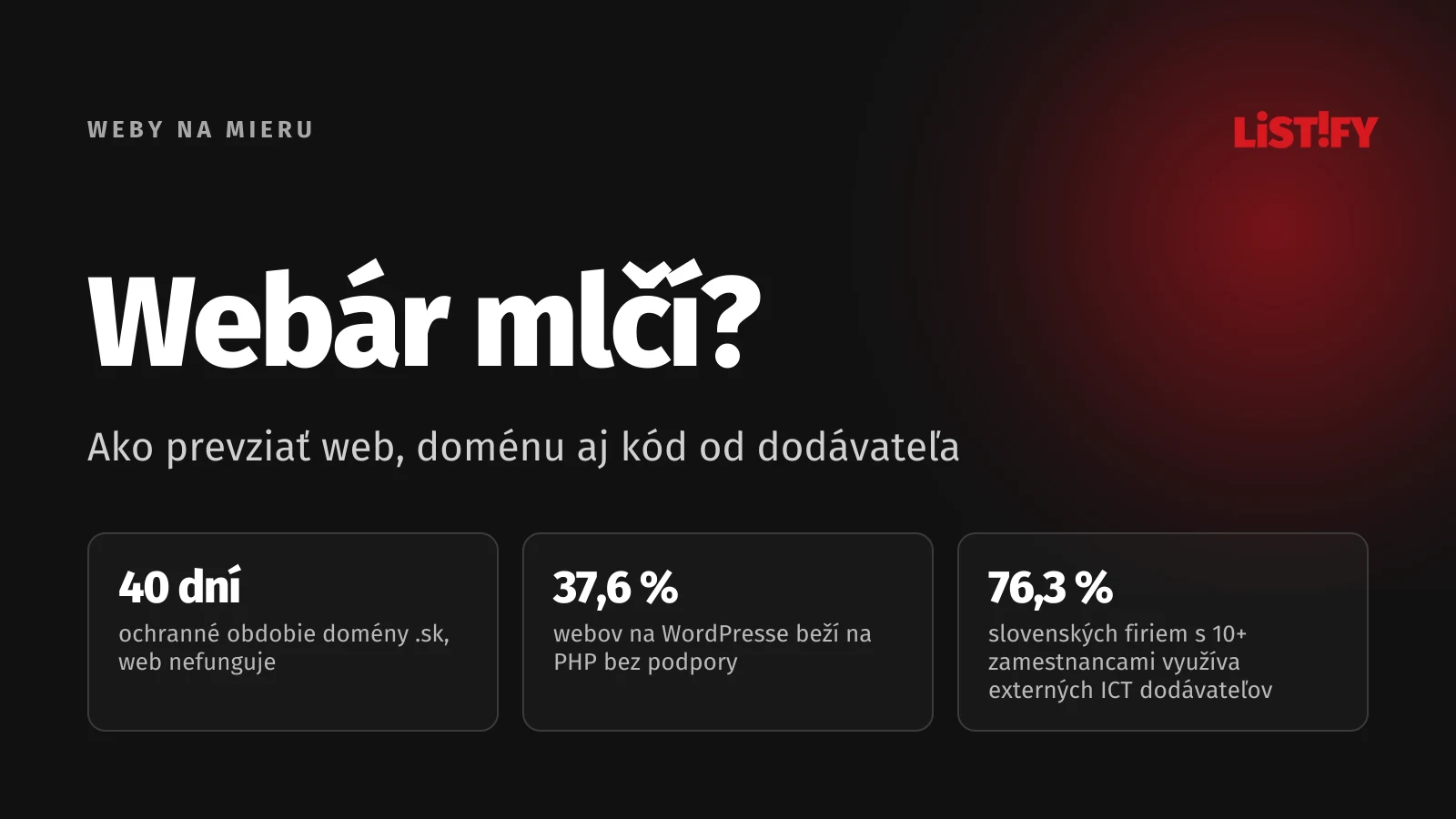 Obálka článku o prevzatí webu: 40 dní ochranného obdobia domény .sk, 37,6 % webov na WordPresse na PHP bez podpory, 76,3 % firiem s 10+ zamestnancami využíva externé ICT