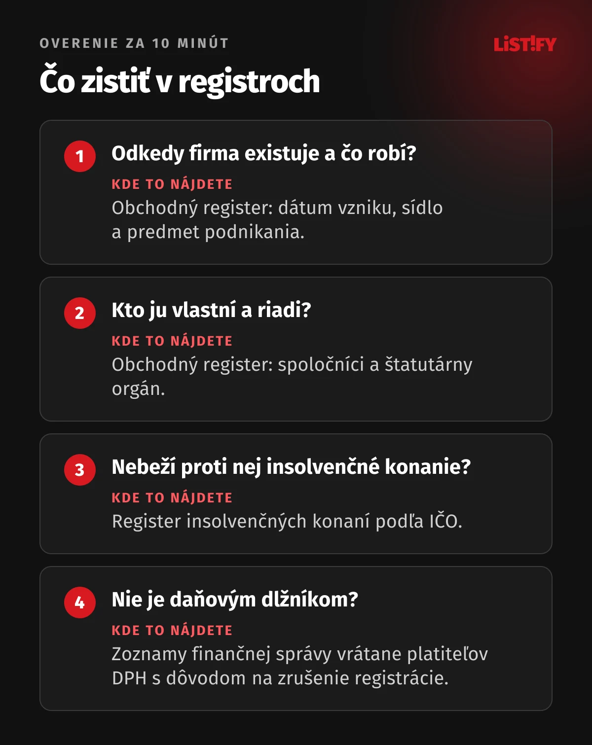 Štyri otázky na overenie dodávateľa v registroch: odkedy firma existuje, kto ju vlastní a riadi, či nebeží insolvenčné konanie a či nie je daňovým dlžníkom