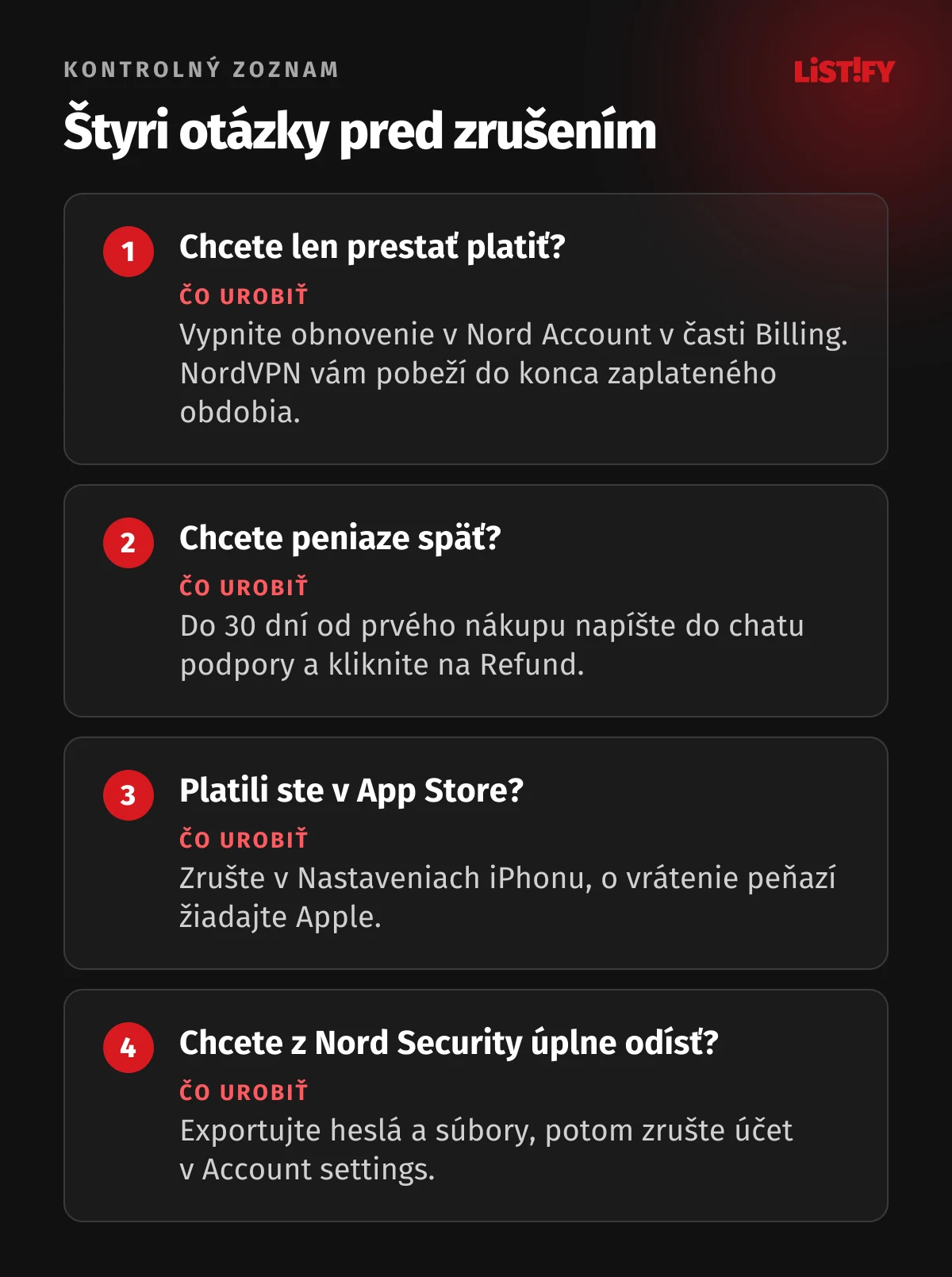 Štyri otázky pred zrušením NordVPN: chcete len prestať platiť, vypnite obnovenie v Nord Account, chcete peniaze späť do 30 dní, napíšte do chatu podpory, platili ste v App Store, žiadajte Apple, chcete odísť úplne, zrušte účet v Account settings
