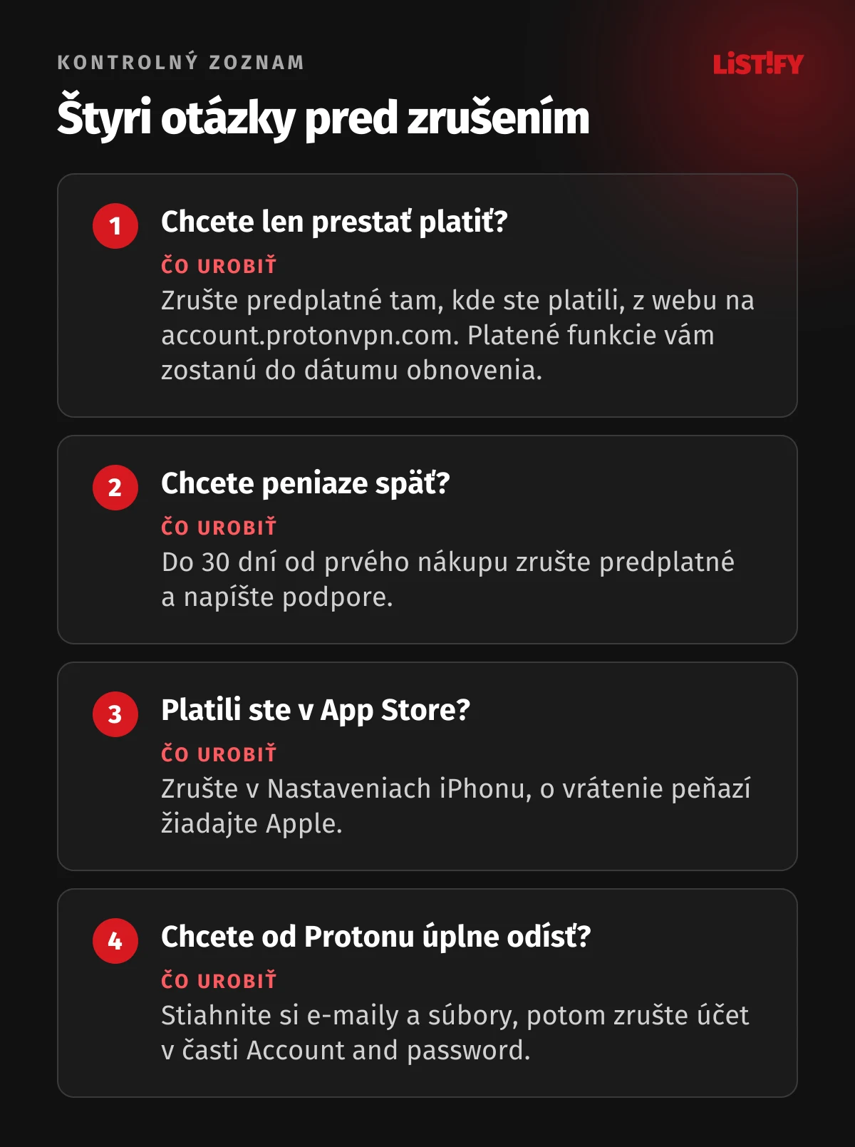 Štyri otázky pred zrušením Proton VPN: chcete len prestať platiť, zrušte predplatné v účte, chcete peniaze späť do 30 dní, napíšte podpore, platili ste v App Store, žiadajte Apple, chcete odísť úplne, zrušte účet v časti Account and password