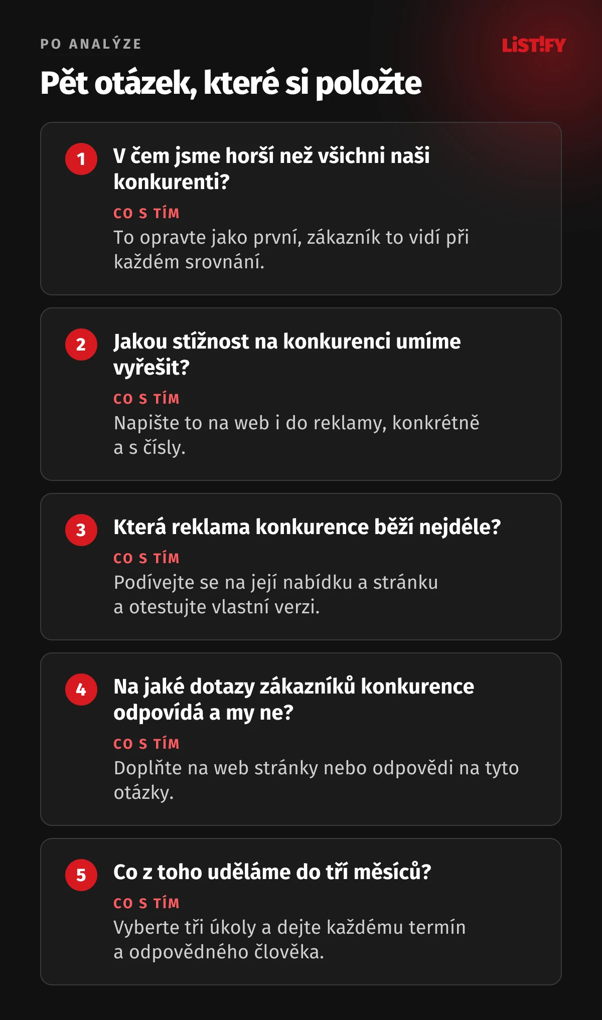 Pět otázek po analýze konkurence: v čem jsme horší než všichni naši konkurenti, jakou stížnost na konkurenci umíme vyřešit, která reklama konkurence běží nejdéle, na jaké dotazy zákazníků konkurence odpovídá a my ne, a co z toho uděláme do tří měsíců.