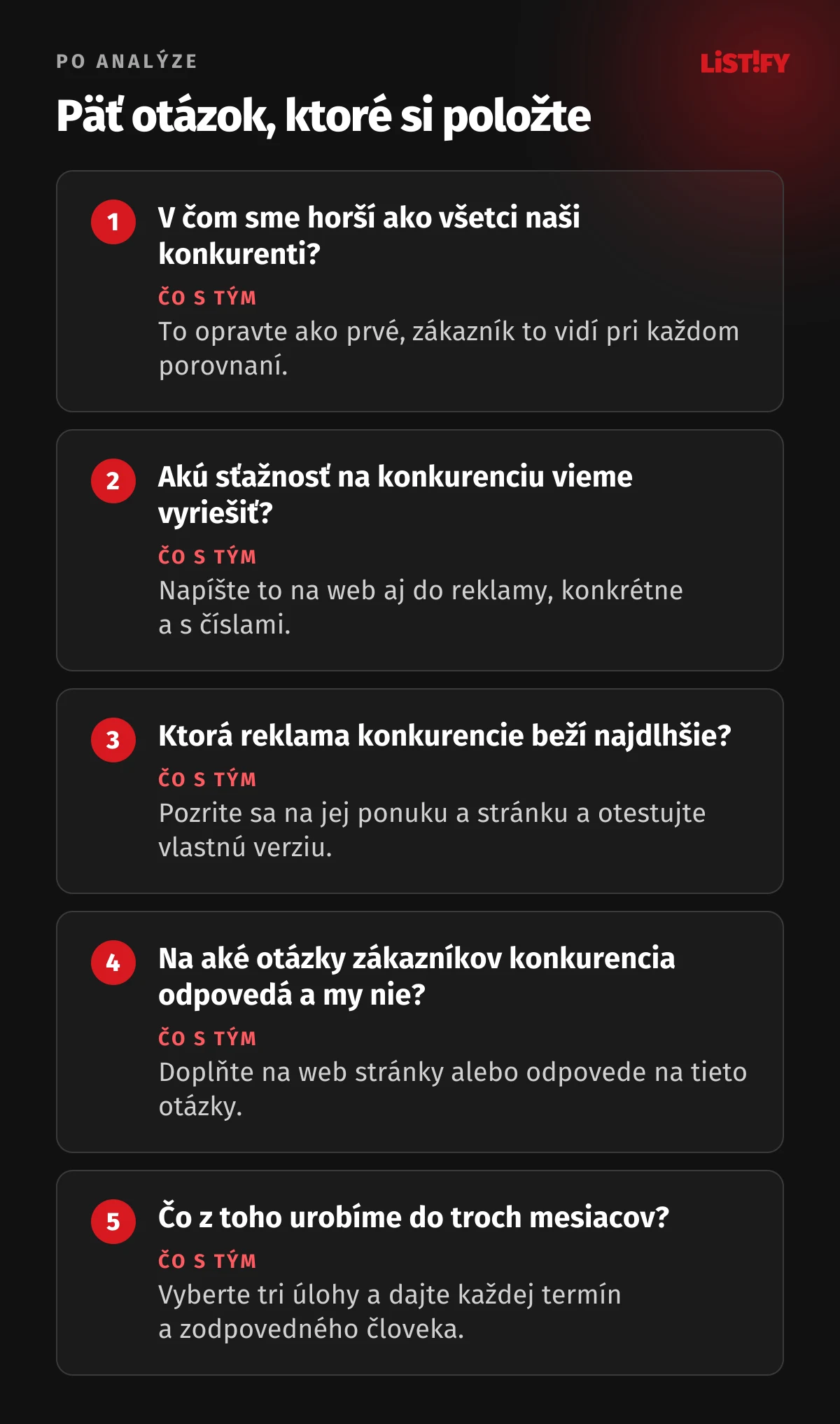 Päť otázok po analýze konkurencie: v čom sme horší ako všetci naši konkurenti, akú sťažnosť na konkurenciu vieme vyriešiť, ktorá reklama konkurencie beží najdlhšie, na aké otázky zákazníkov konkurencia odpovedá a my nie, a čo z toho urobíme do troch mesiacov.