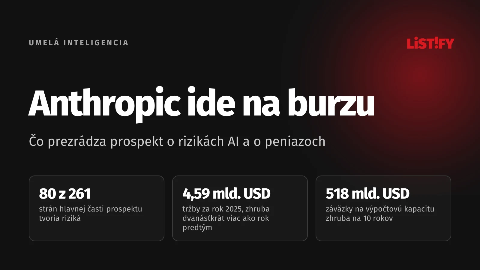 Obálka článku Anthropic ide na burzu: rizikám venuje hlavná časť prospektu asi 80 z 261 strán, tržby za rok 2025 boli 4,59 mld. USD a záväzky na výpočtovú kapacitu 518 mld. USD