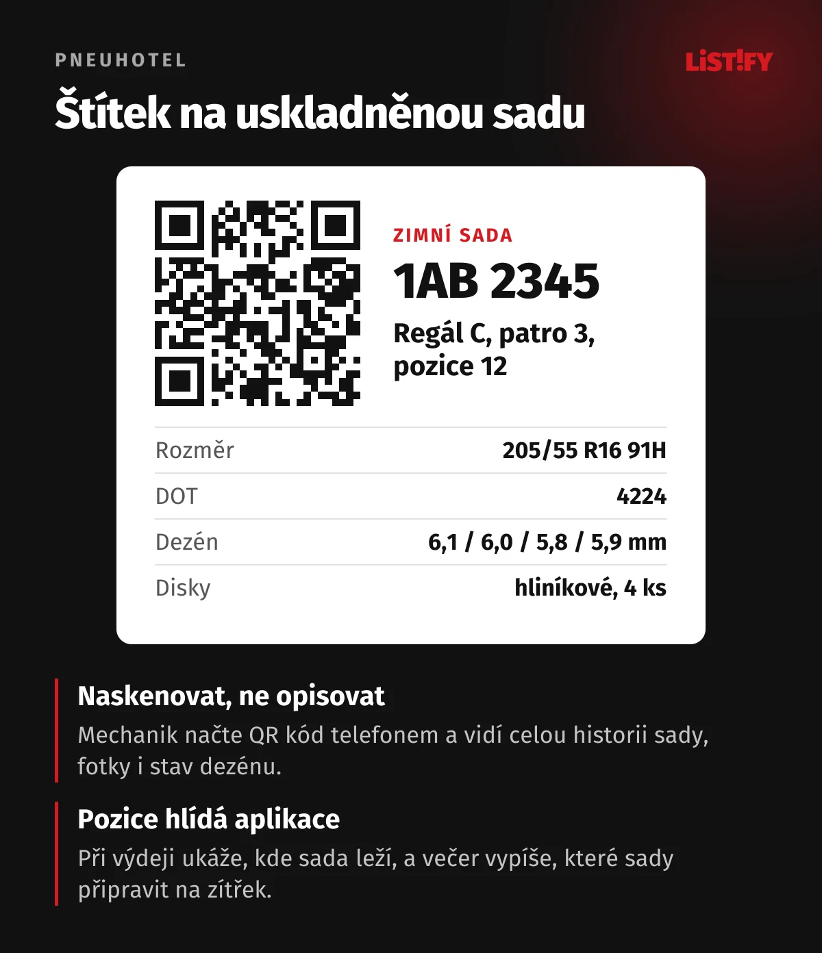 Ukázka štítku na uskladněnou zimní sadu: QR kód, SPZ 1AB 2345, regál C, patro 3, pozice 12, rozměr 205/55 R16 91H, DOT 4224, dezén 6,1 / 6,0 / 5,8 / 5,9 mm, hliníkové disky