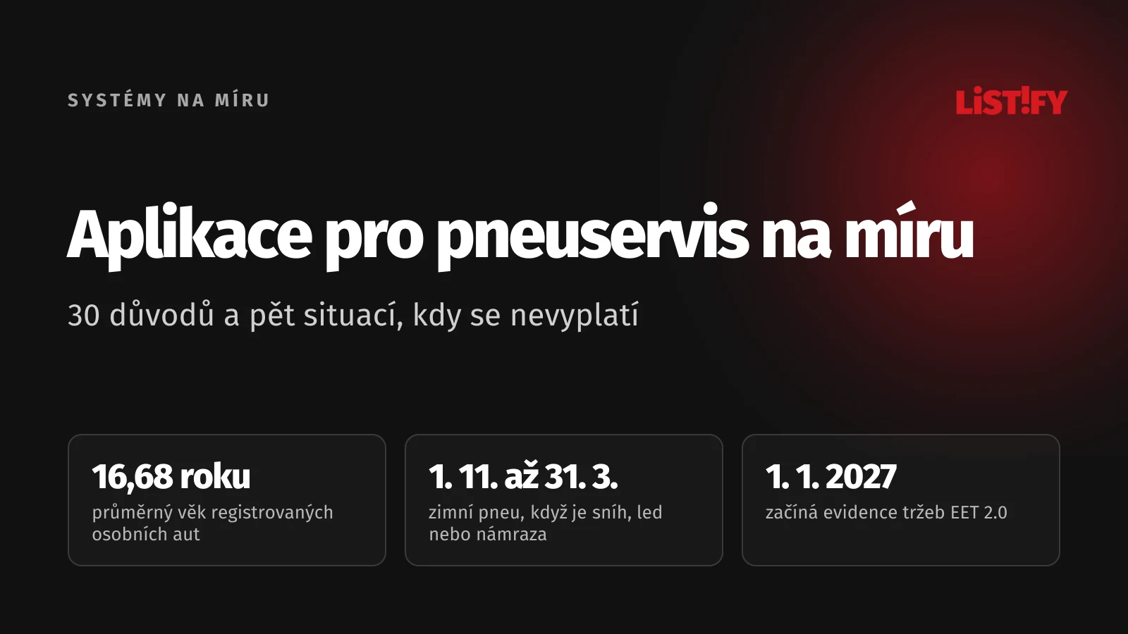 Obálka článku Aplikace pro pneuservis na míru: registrovaná osobní auta v Česku mají v průměru 16,68 roku, zimní pneu od 1. 11. do 31. 3. jen při sněhu nebo ledu, EET 2.0 od 1. 1. 2027