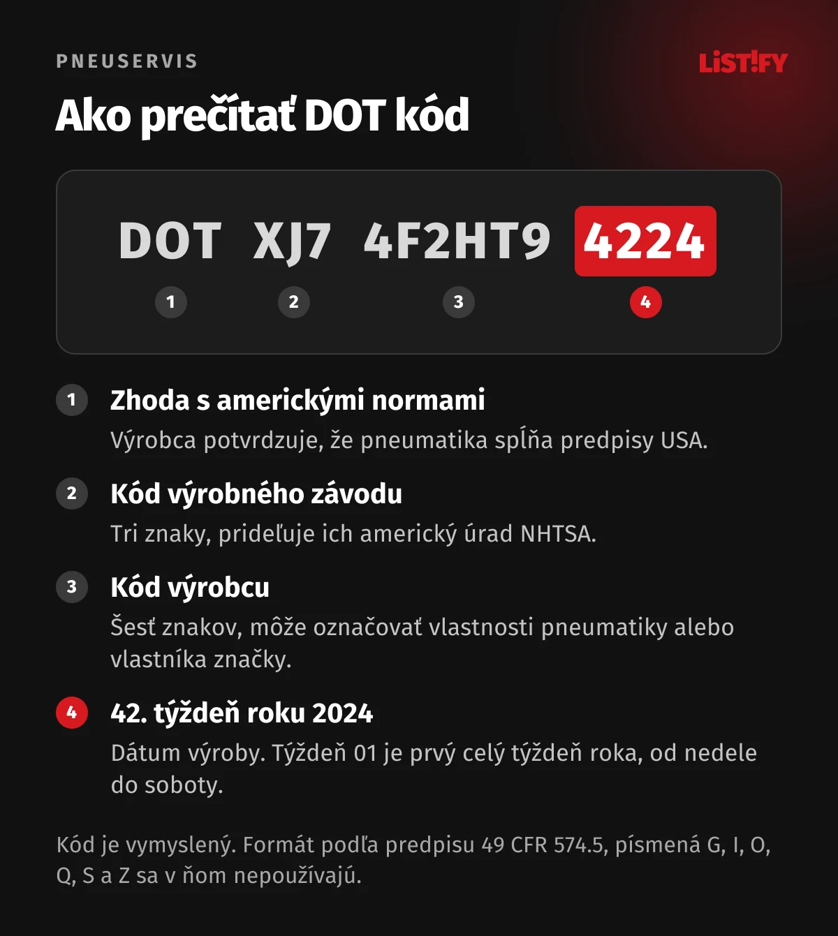 Ako prečítať DOT kód pneumatiky: DOT, kód výrobného závodu, kód výrobcu a posledné štyri číslice 4224 znamenajú 42. týždeň roku 2024