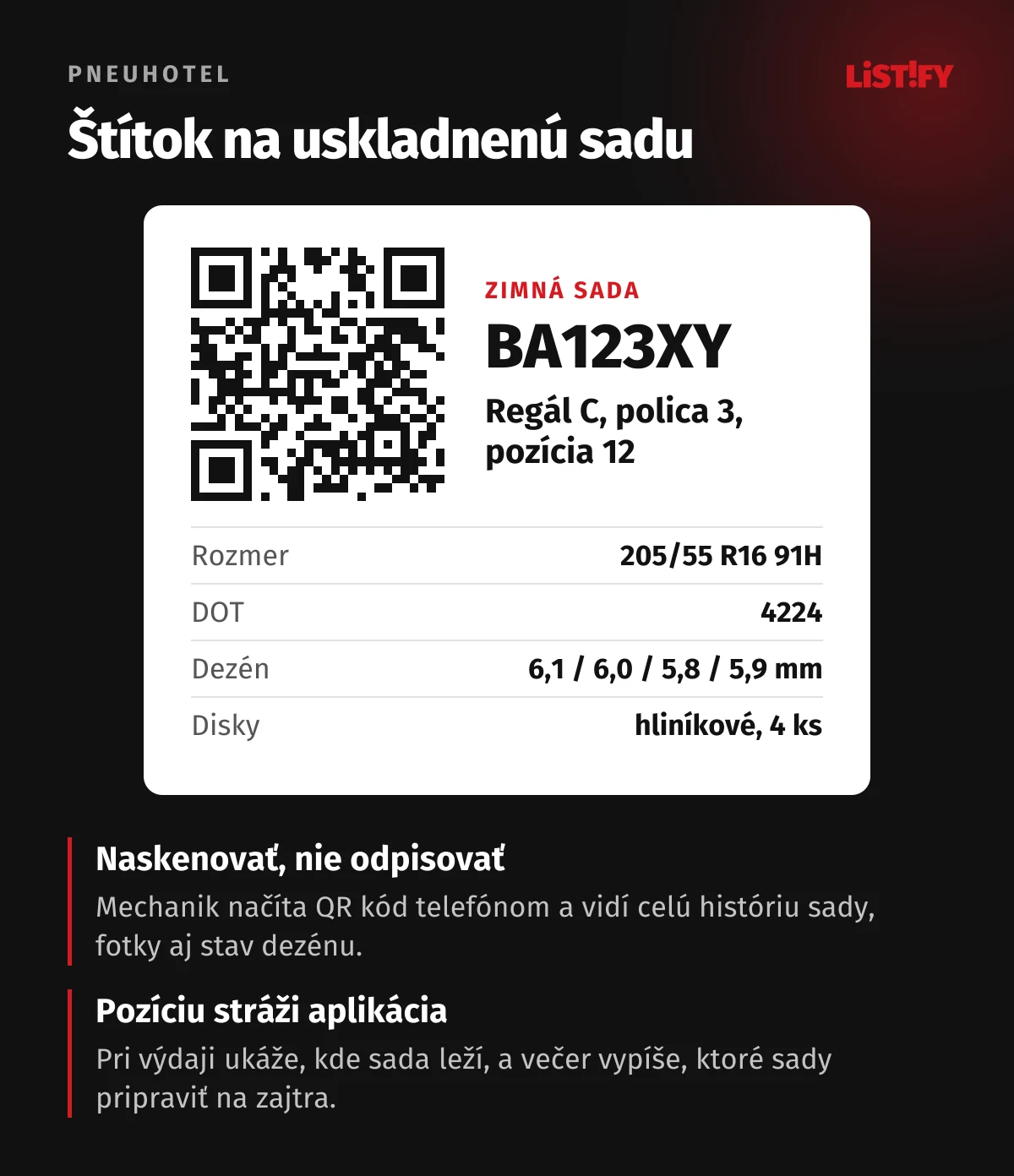 Ukážka štítka na uskladnenú zimnú sadu: QR kód, EČV BA123XY, regál C, polica 3, pozícia 12, rozmer 205/55 R16 91H, DOT 4224, dezén, hliníkové disky