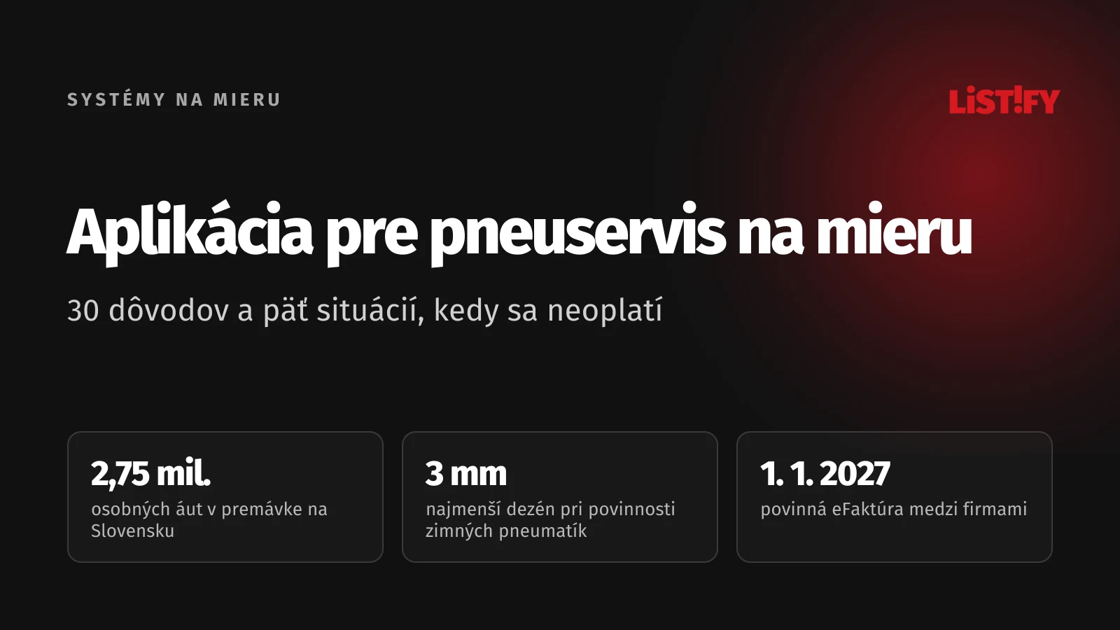 Obálka článku Aplikácia pre pneuservis na mieru: 2,75 milióna osobných áut v premávke na Slovensku, najmenej 3 mm dezénu pri povinnosti zimných pneumatík, eFaktúra od 1. 1. 2027