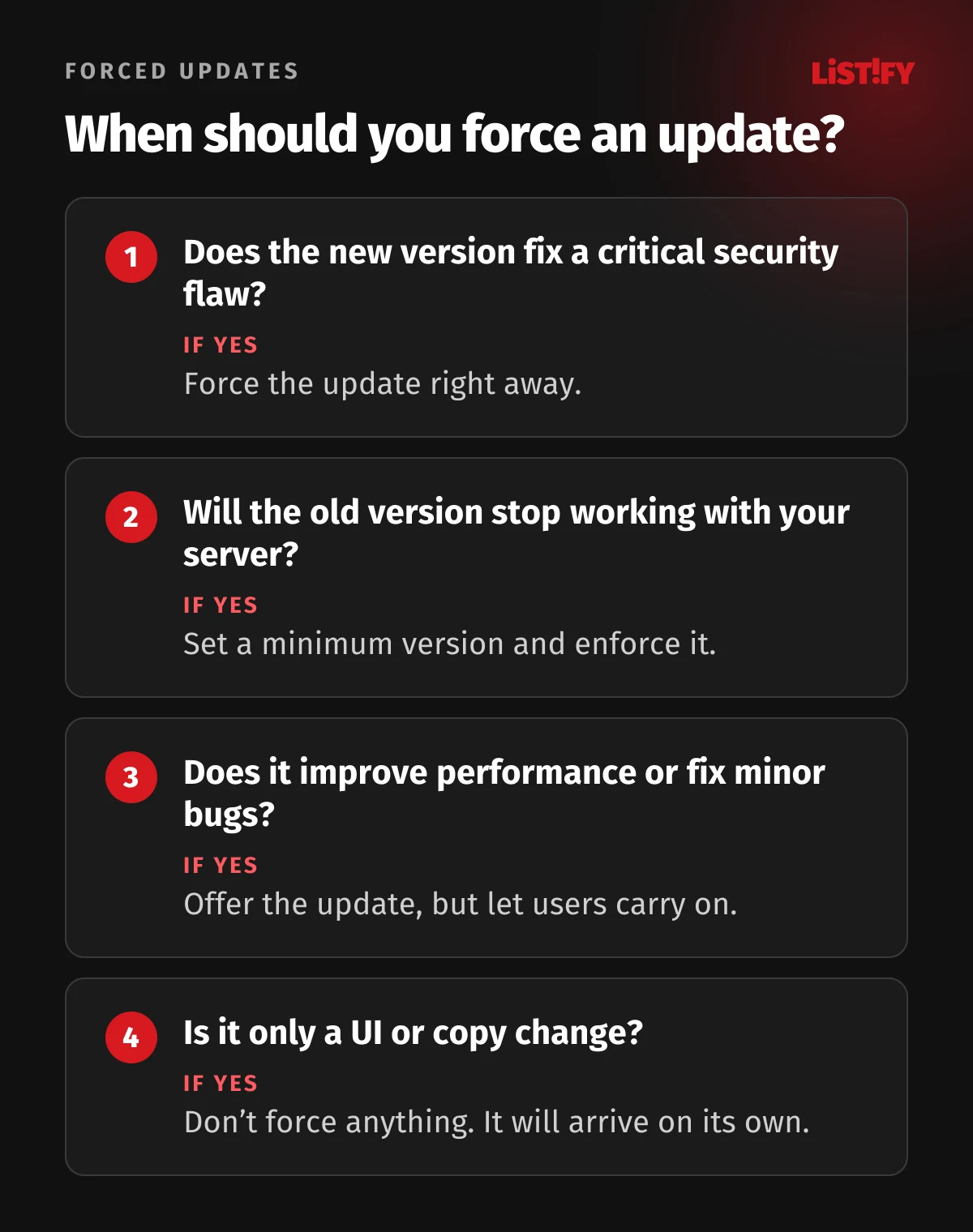 When to force an app update: a critical security flaw means force it now, an old version that no longer works with the server means set a minimum version, performance and minor fixes only need an offer, UI and text changes need nothing