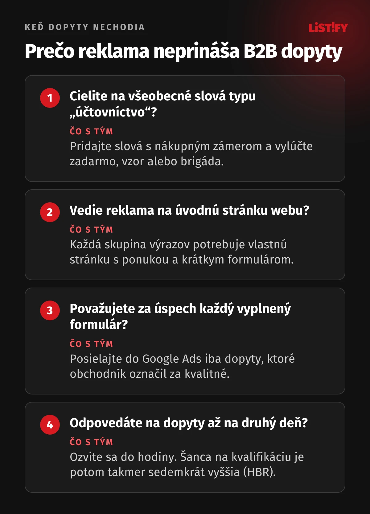 Štyri dôvody, prečo reklama neprináša B2B dopyty, a čo s nimi: všeobecné kľúčové slová, reklama vedúca na úvodnú stránku, meranie každého formulára ako úspechu a neskorá odpoveď na dopyt