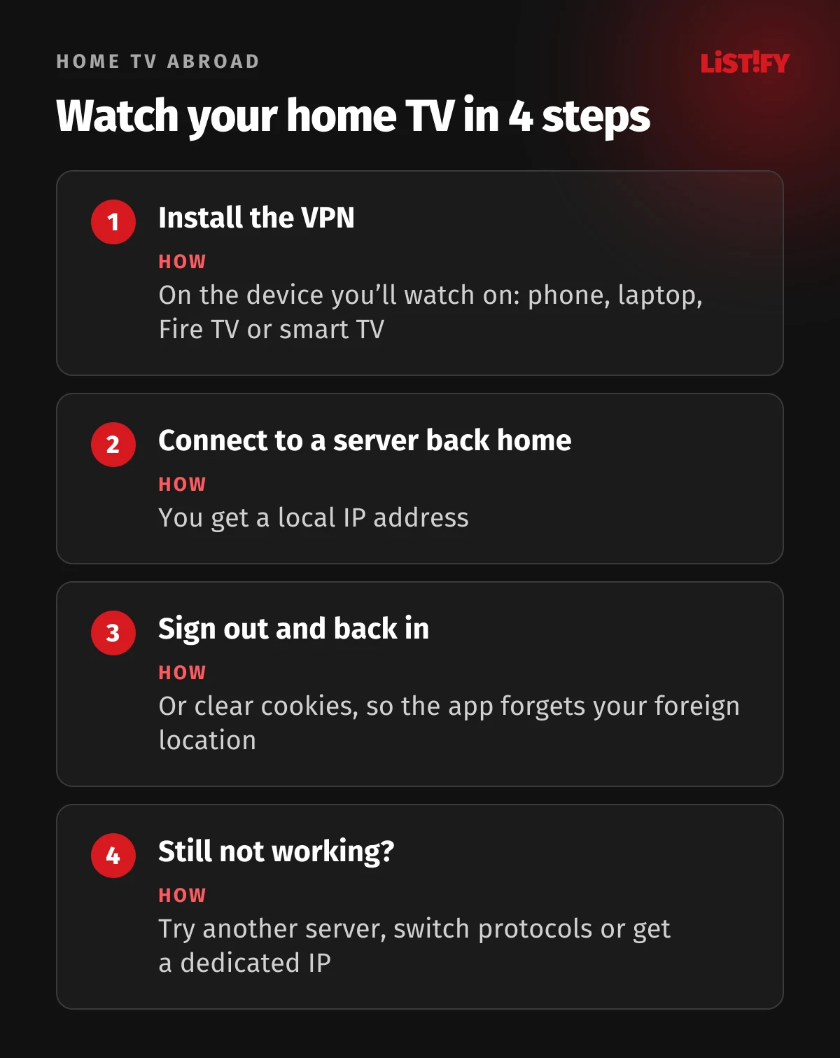 Watch your home TV abroad in 4 steps: install the VPN on your device, connect to a server back home, sign out and back in, then try another server, protocol or a dedicated IP if it still fails