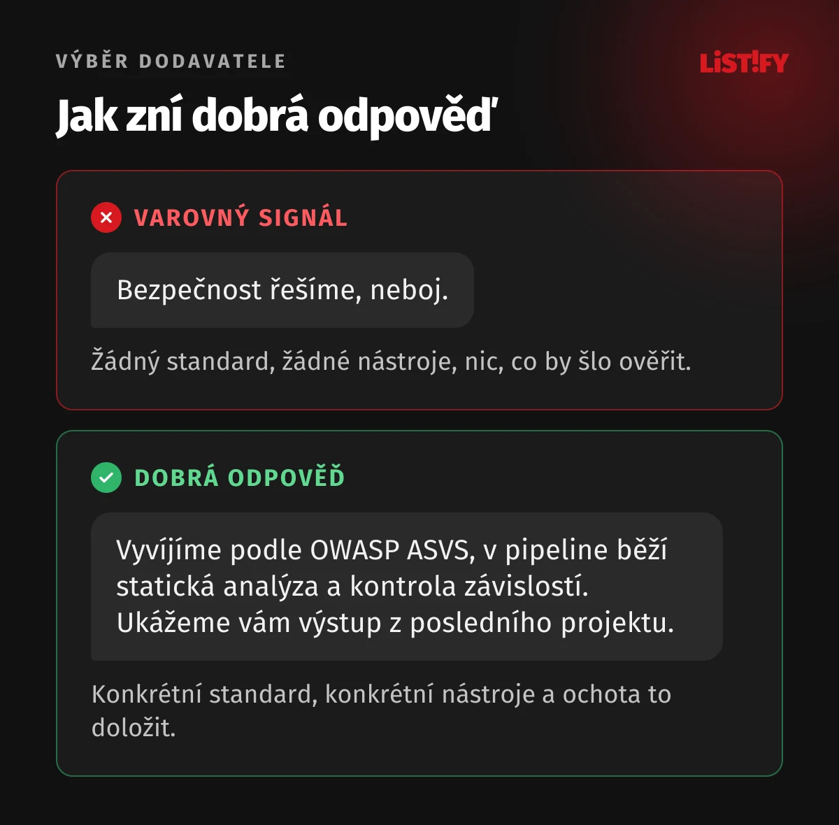 Jak poznat dobrou odpověď dodavatele: varovný signál je věta Bezpečnost řešíme, neboj, dobrá odpověď jmenuje standard OWASP ASVS, konkrétní nástroje a nabídne ukázku výstupu