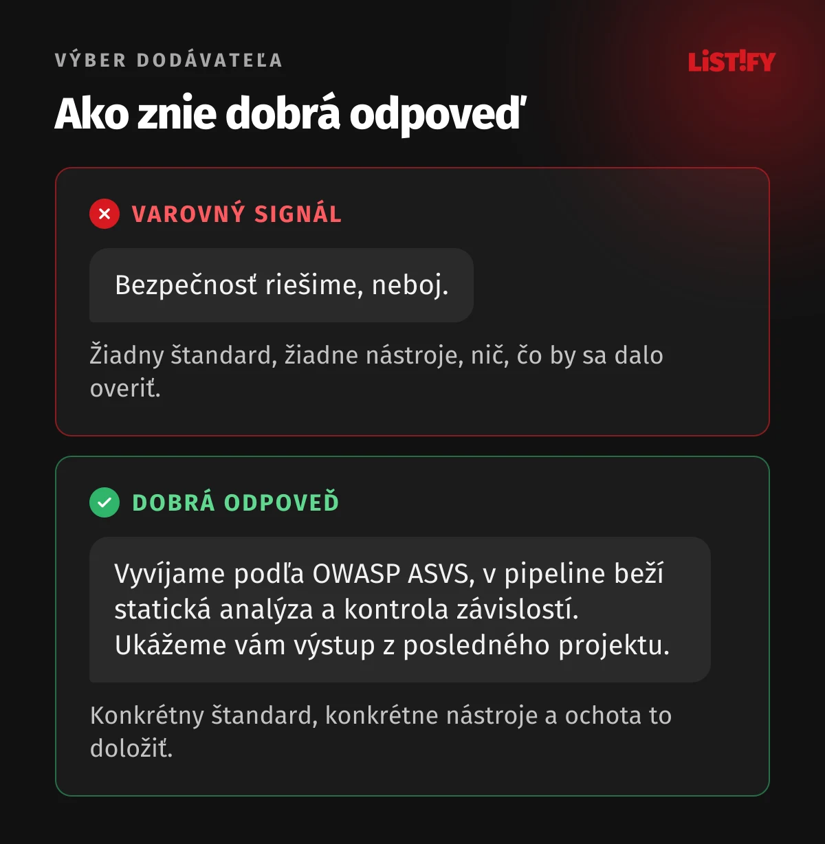 Ako spoznať dobrú odpoveď dodávateľa: varovný signál je veta Bezpečnosť riešime, neboj, dobrá odpoveď menuje štandard OWASP ASVS, konkrétne nástroje a ponúkne ukážku výstupu