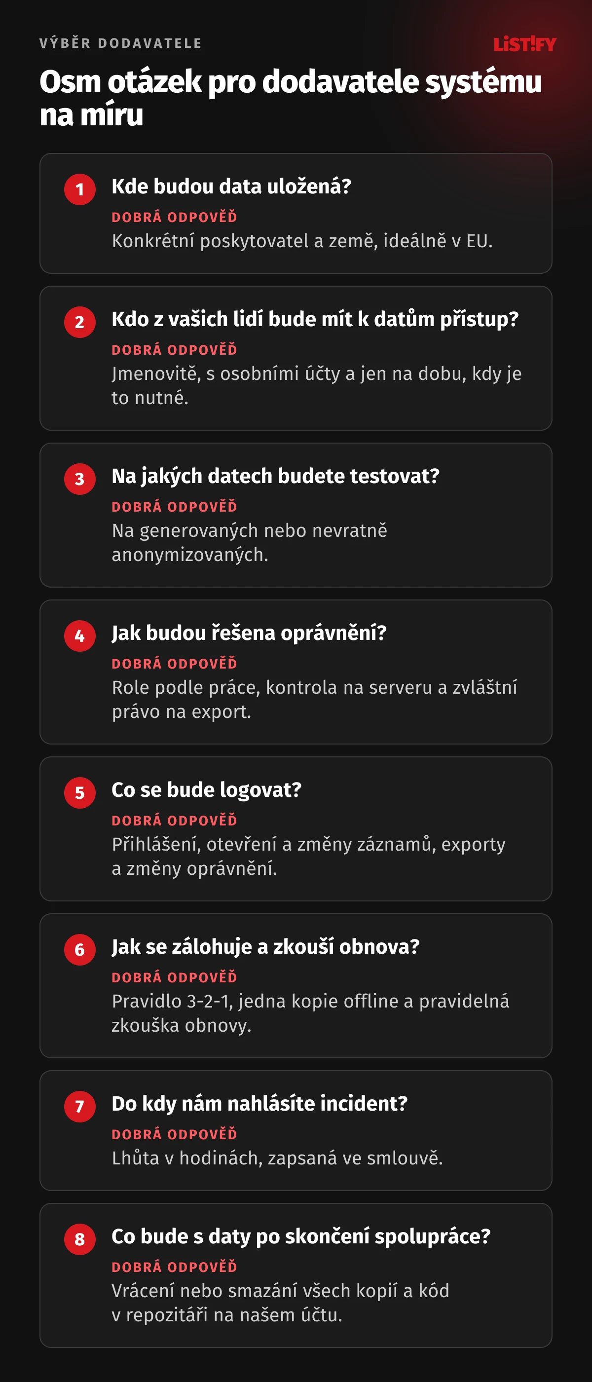 Osm otázek pro dodavatele systému na míru: kde budou data uložená, kdo z jeho lidí k nim bude mít přístup, na jakých datech se testuje, jak se řeší oprávnění, co se loguje, jak se zálohuje a zkouší obnova, do kdy nahlásí incident a co se stane s daty po skončení spolupráce