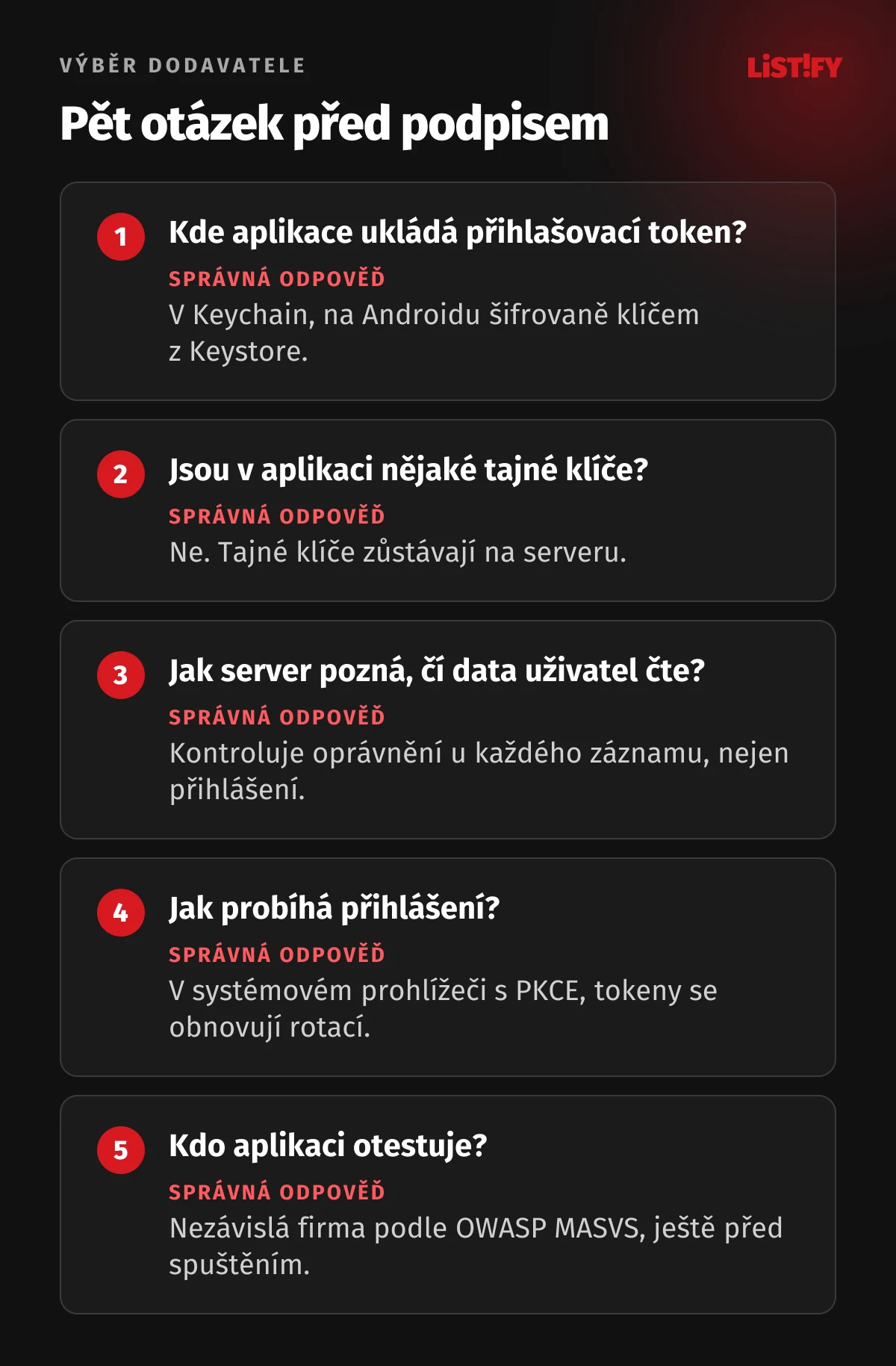 Pět otázek pro dodavatele aplikace: kde se ukládá token, jestli jsou v aplikaci tajné klíče, jak server kontroluje oprávnění, jak probíhá přihlášení a kdo aplikaci otestuje