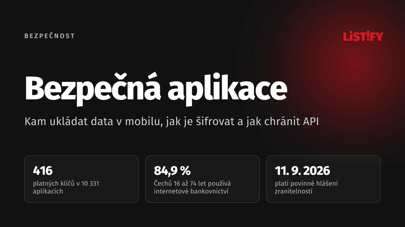 Obálka článku Bezpečnost mobilní aplikace: 416 platných klíčů v 10 331 aplikacích, 84,9 % Čechů ve věku 16 až 74 let používá internetové bankovnictví, hlášení zranitelností od 11. 9. 2026