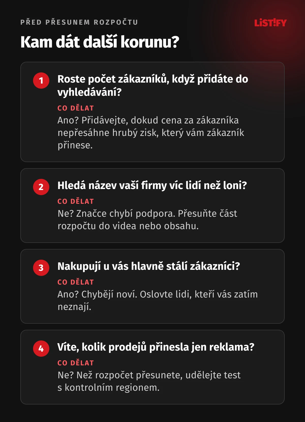 Čtyři otázky před přesunem rozpočtu: roste počet zákazníků, když přidáte do vyhledávání, hledá víc lidí název firmy než loni, nakupují hlavně stálí zákazníci a víte, kolik prodejů přinesla jen reklama