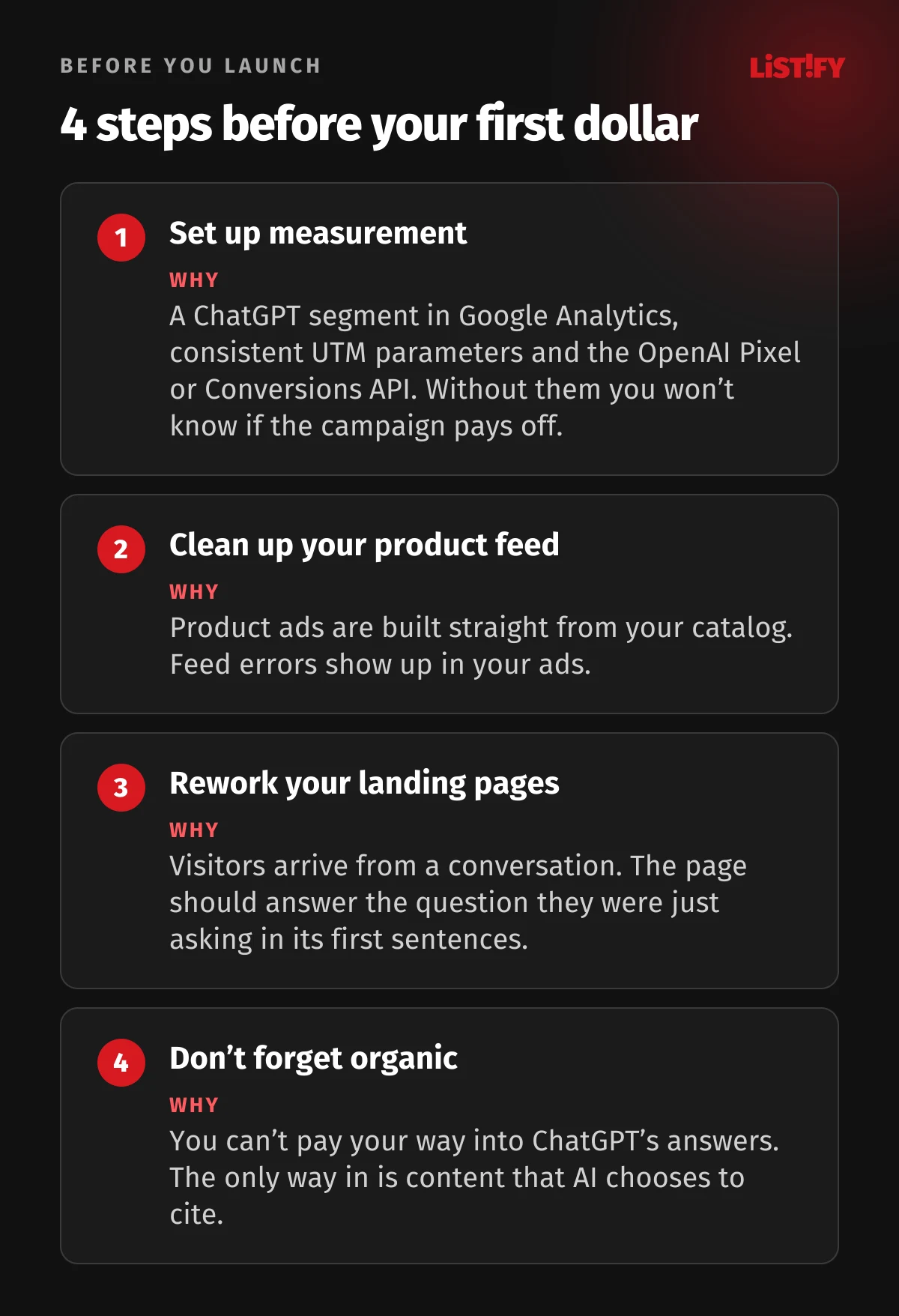 Four steps before launching a ChatGPT ads campaign: set up measurement, clean up the product feed, rework landing pages and don’t forget organic recommendations