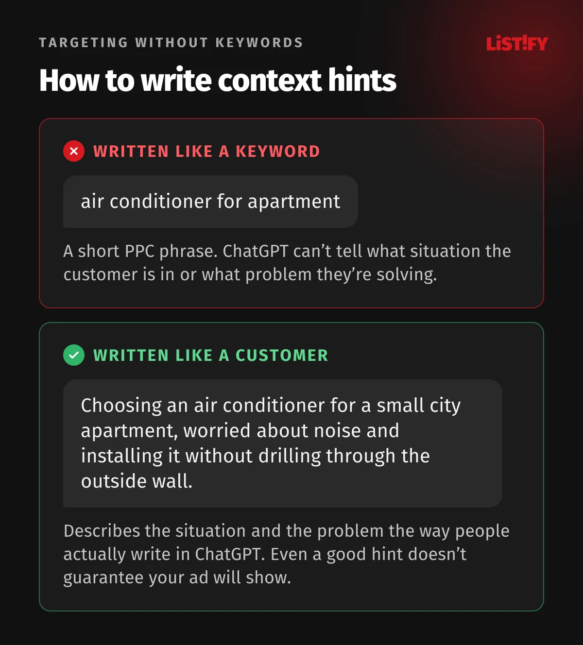 A weak and a strong context hint: “air conditioner for apartment” written like a keyword versus a description of a customer worried about noise and installation