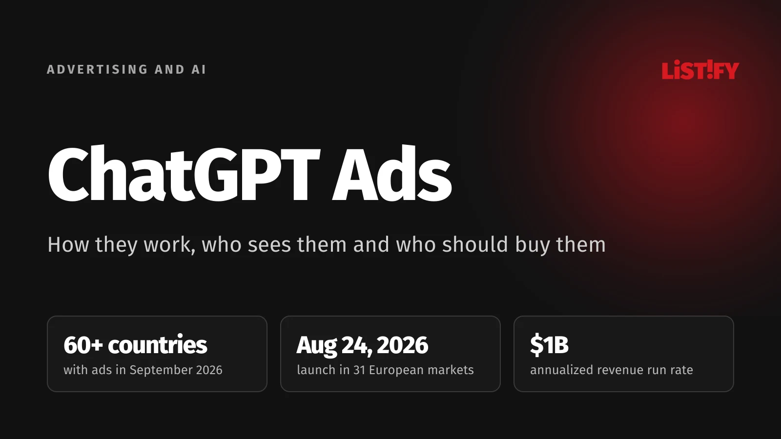 Cover of the ChatGPT Ads article: ads in more than 60 countries, live in 31 European markets since Aug 24, 2026, a $1 billion annualized revenue run rate