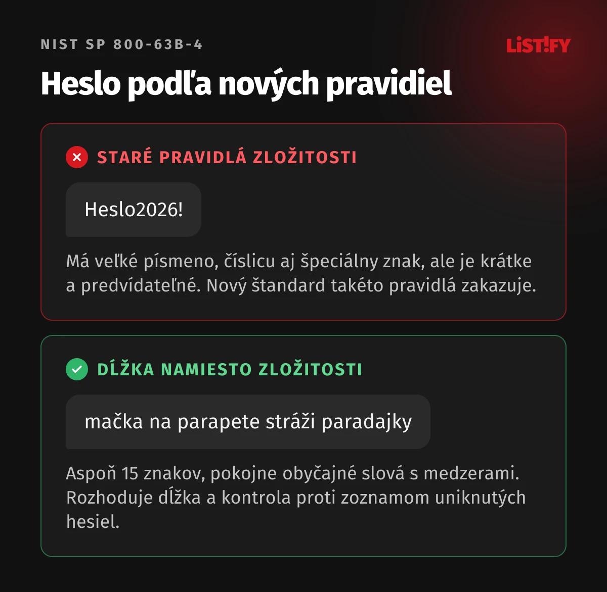 Heslo podľa nových pravidiel NIST: krátke Heslo2026! podľa starých pravidiel zložitosti oproti dlhej fráze mačka na parapete stráži paradajky
