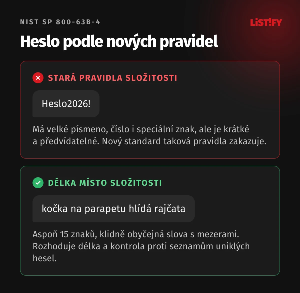Heslo podle nových pravidel NIST: krátké Heslo2026! podle starých pravidel složitosti proti dlouhé frázi kočka na parapetu hlídá rajčata