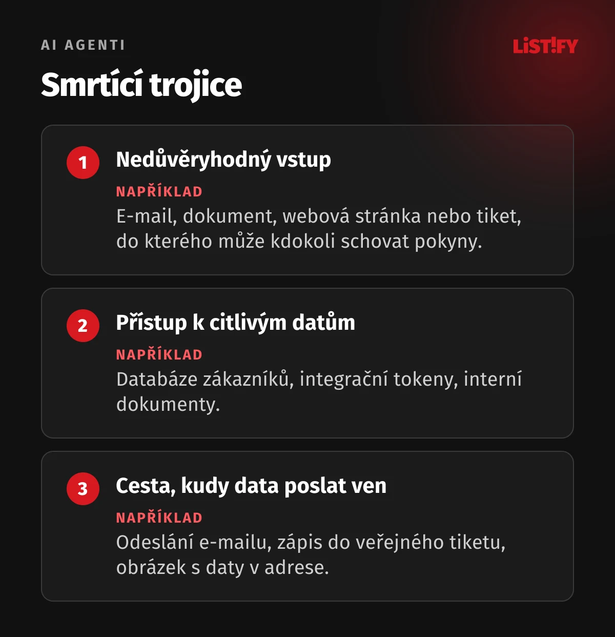 Smrtící trojice u AI agentů: nedůvěryhodný vstup, přístup k citlivým datům a cesta, kudy data poslat ven