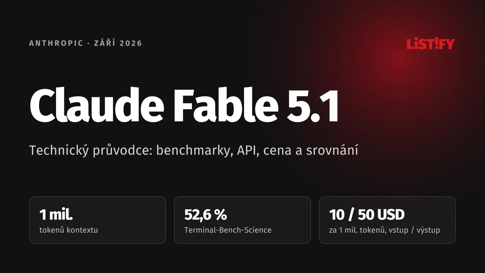 Obálka článku Claude Fable 5.1: kontext 1 milion tokenů, 52,6 % v testu Terminal-Bench-Science a cena 10 a 50 USD za milion tokenů