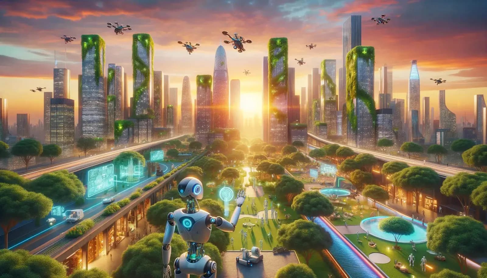Futuristické město s robotem a drony jako ilustrace umělé inteligence