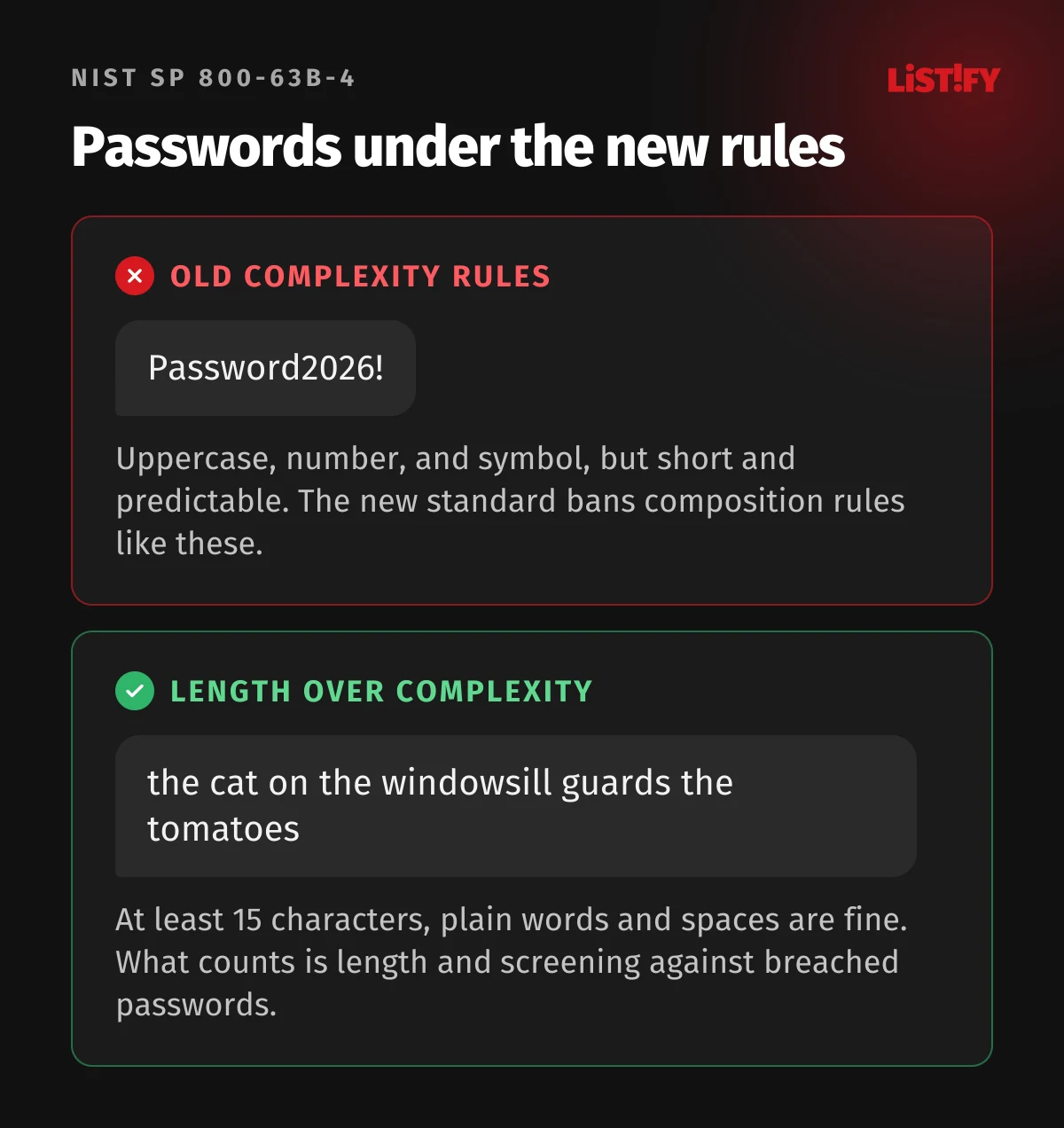Passwords under the new NIST rules: a short Password2026! built to old complexity rules versus a long passphrase