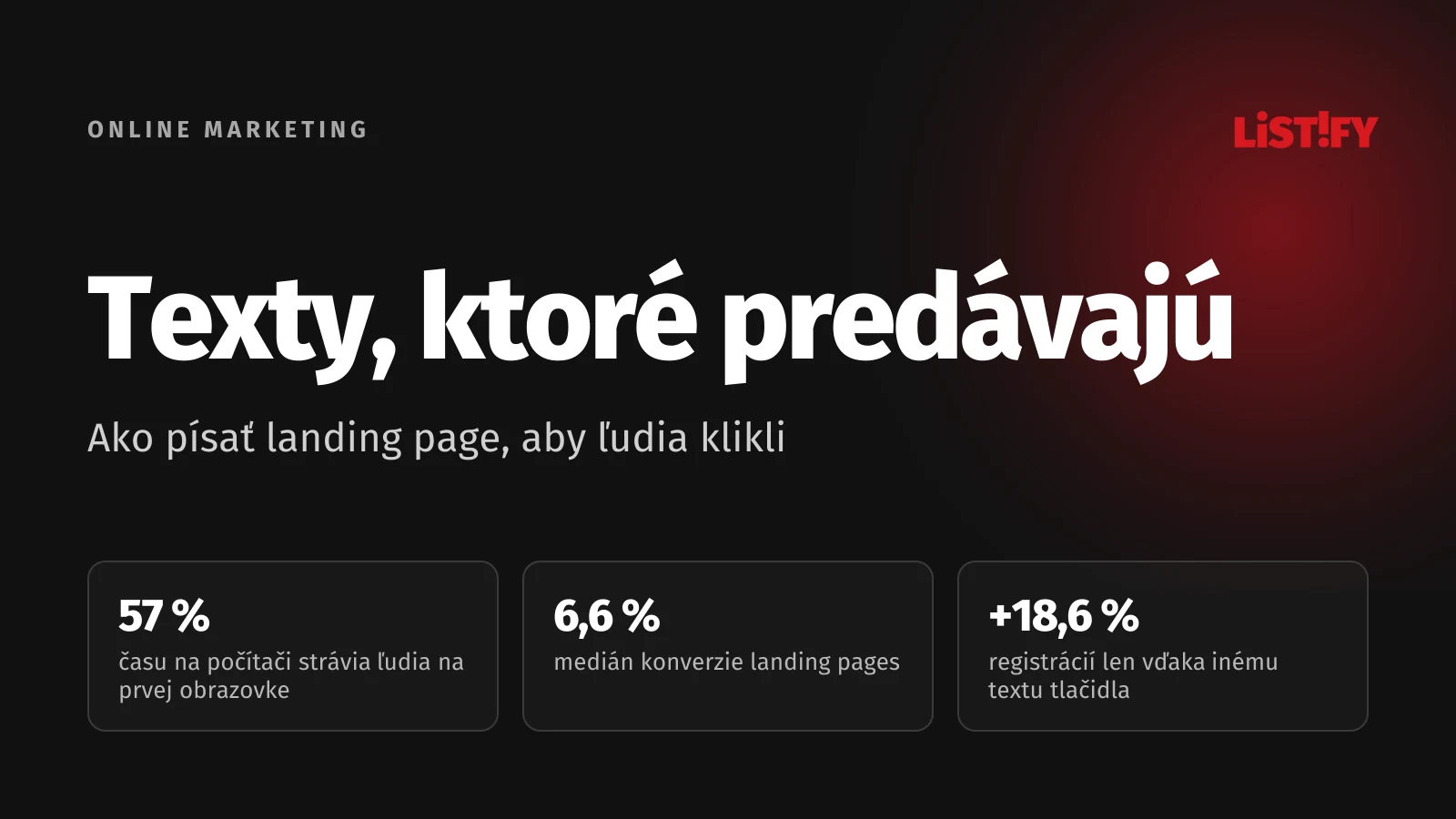 Obálka článku o copywritingu pre landing page: 57 % času na počítači na prvej obrazovke, medián konverzie 6,6 % a o 18,6 % viac registrácií vďaka inému textu tlačidla