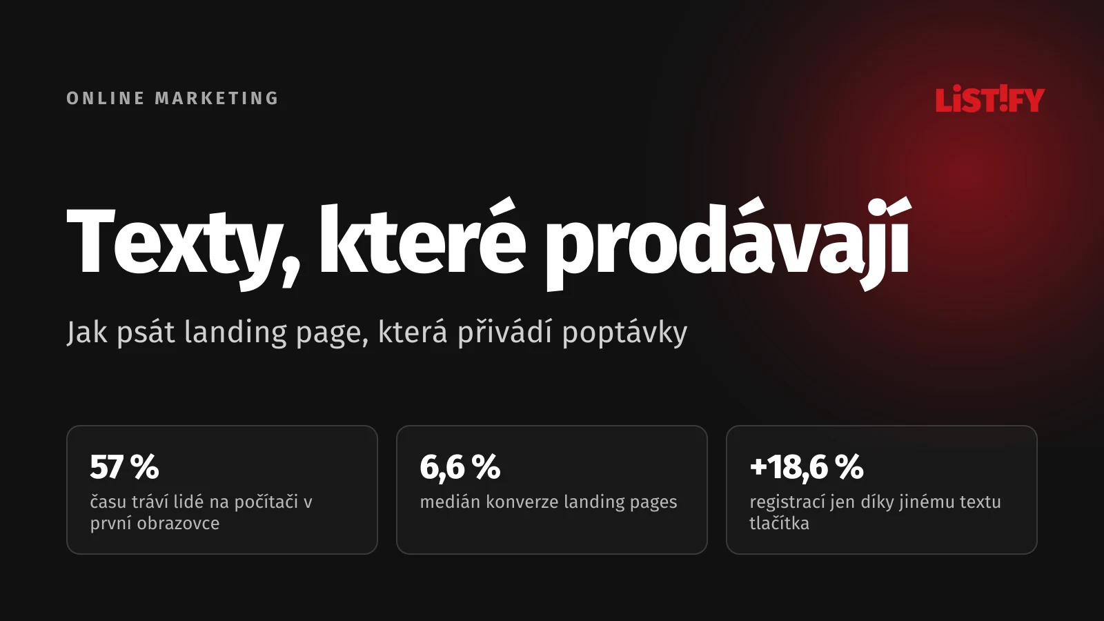 Obálka článku o copywritingu pro landing page: 57 % času na počítači v první obrazovce, medián konverze 6,6 % a o 18,6 % víc registrací díky jinému textu tlačítka