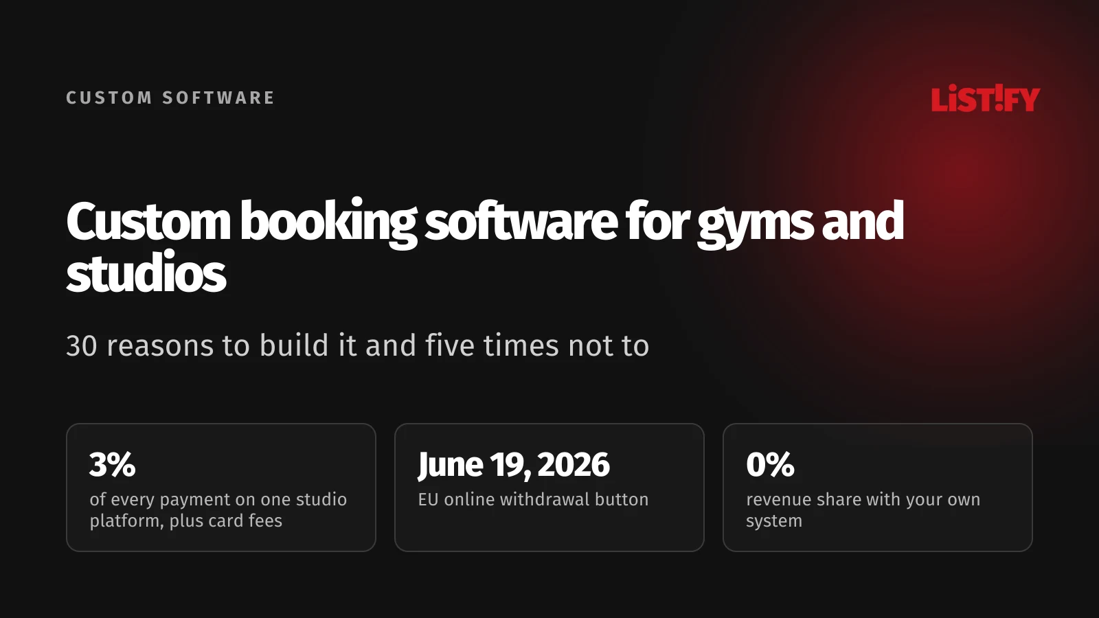Cover of Custom Booking Software for Gyms and Studios: 3% of every payment on one studio platform plus card fees, EU online withdrawal button from June 19, 2026, 0% revenue share with your own system