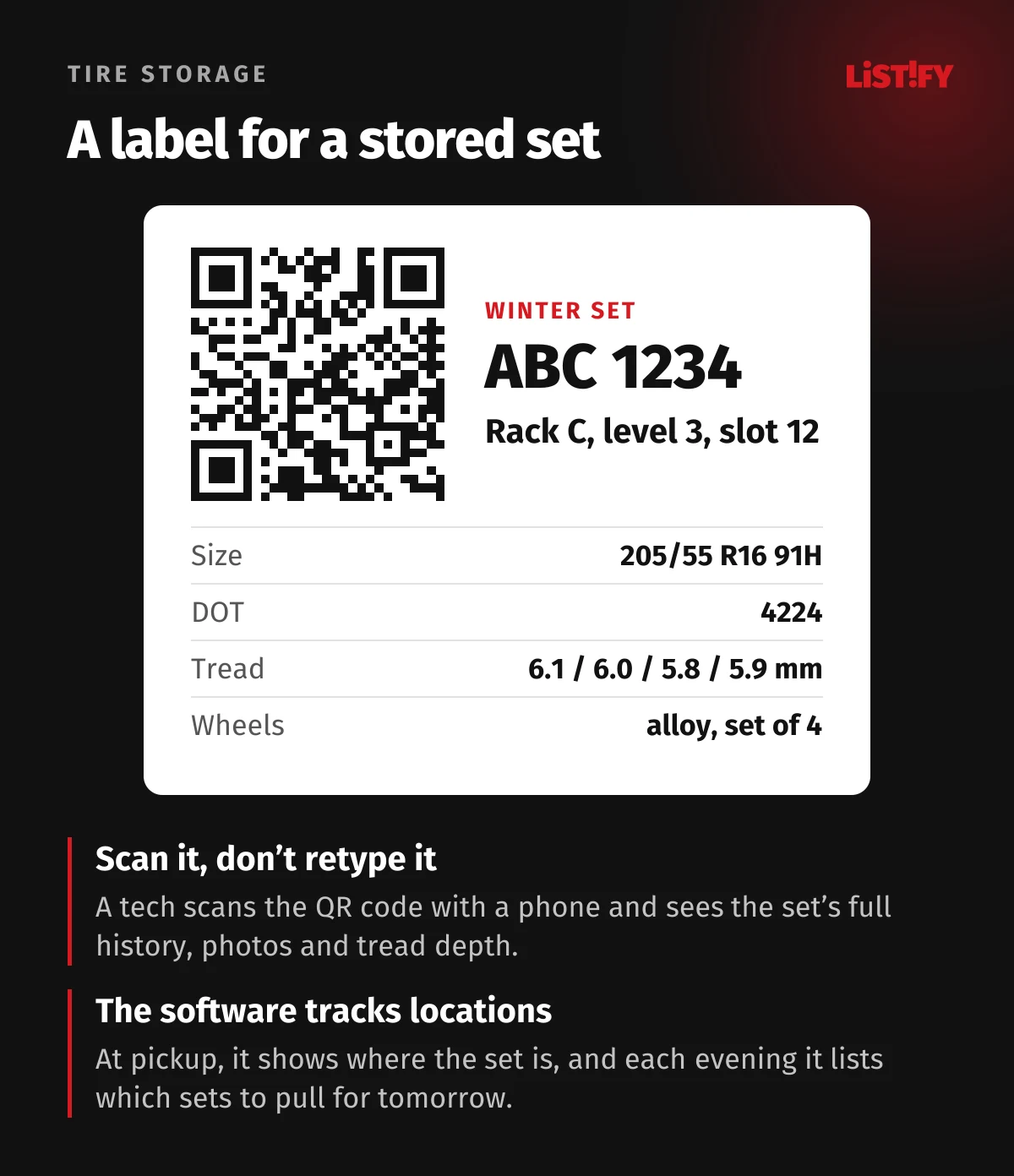 Sample label for a stored winter tire set: QR code, plate ABC 1234, rack C, level 3, slot 12, size 205/55 R16 91H, DOT 4224, tread depth on each wheel, set of 4 alloy wheels