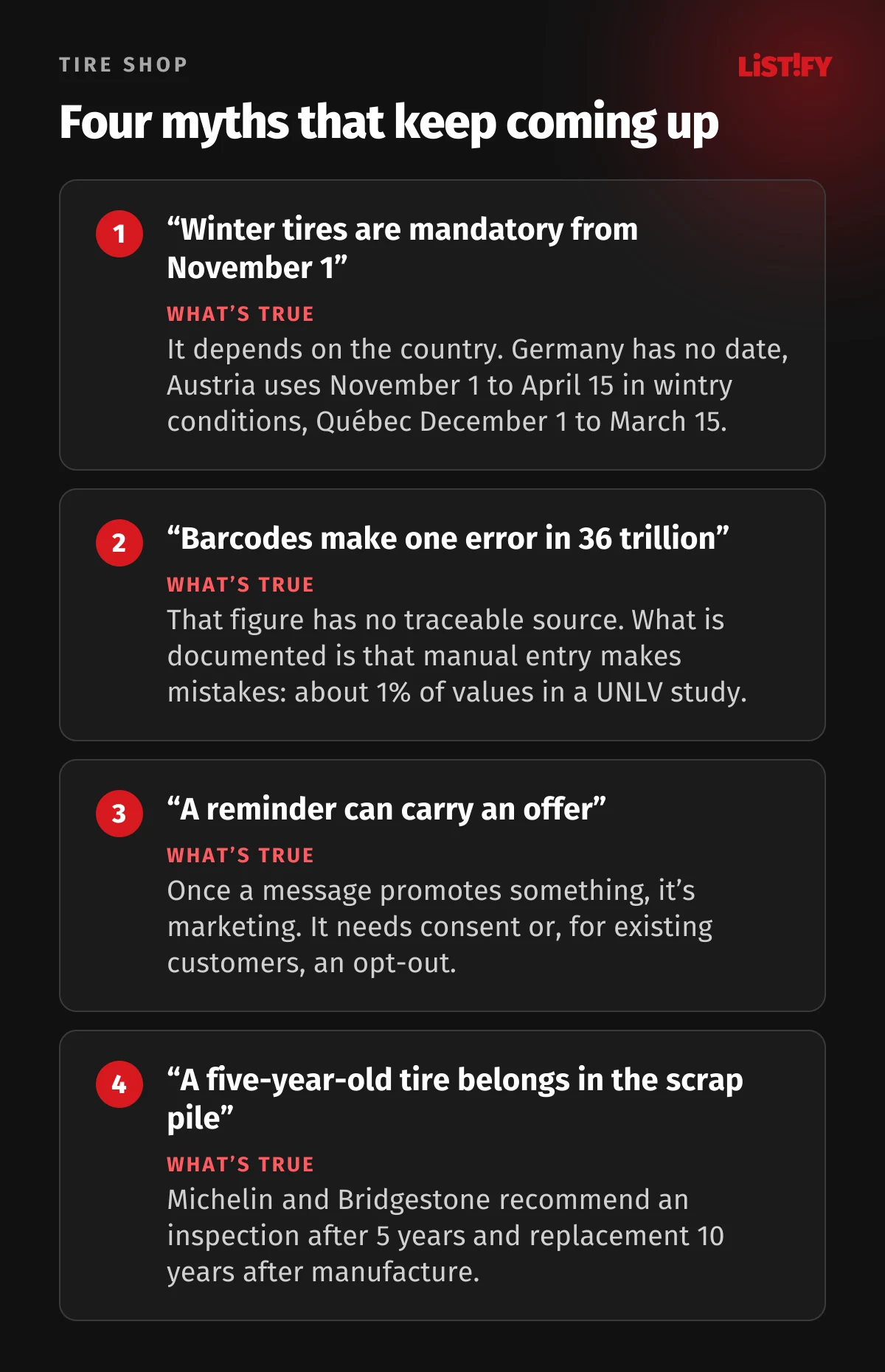 Four tire shop myths: winter tire rules differ by country, the 36 trillion barcode figure has no source, a reminder with an offer is marketing, a five-year-old tire does not automatically belong in the scrap pile