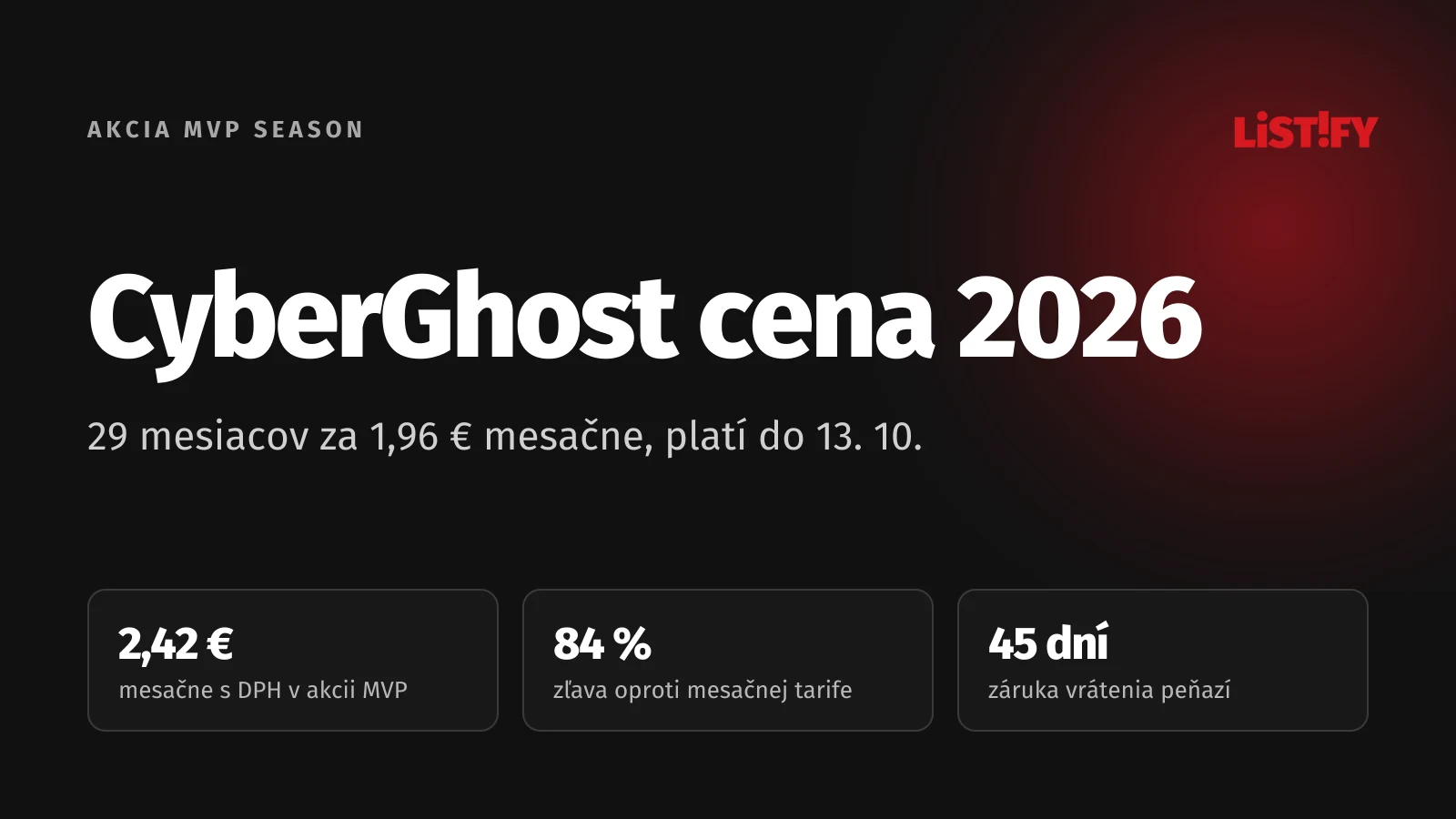 Obálka článku CyberGhost cena 2026: akcia MVP 1,96 € mesačne, 29 mesiacov, záruka vrátenia peňazí 45 dní