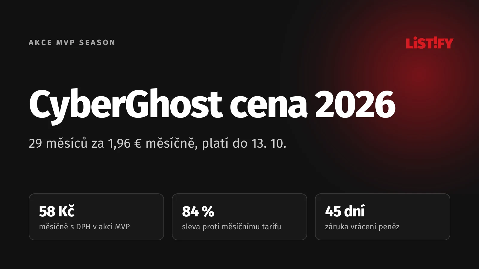 Obálka článku CyberGhost cena 2026: akce MVP 1,96 € měsíčně, 29 měsíců, záruka vrácení peněz 45 dní