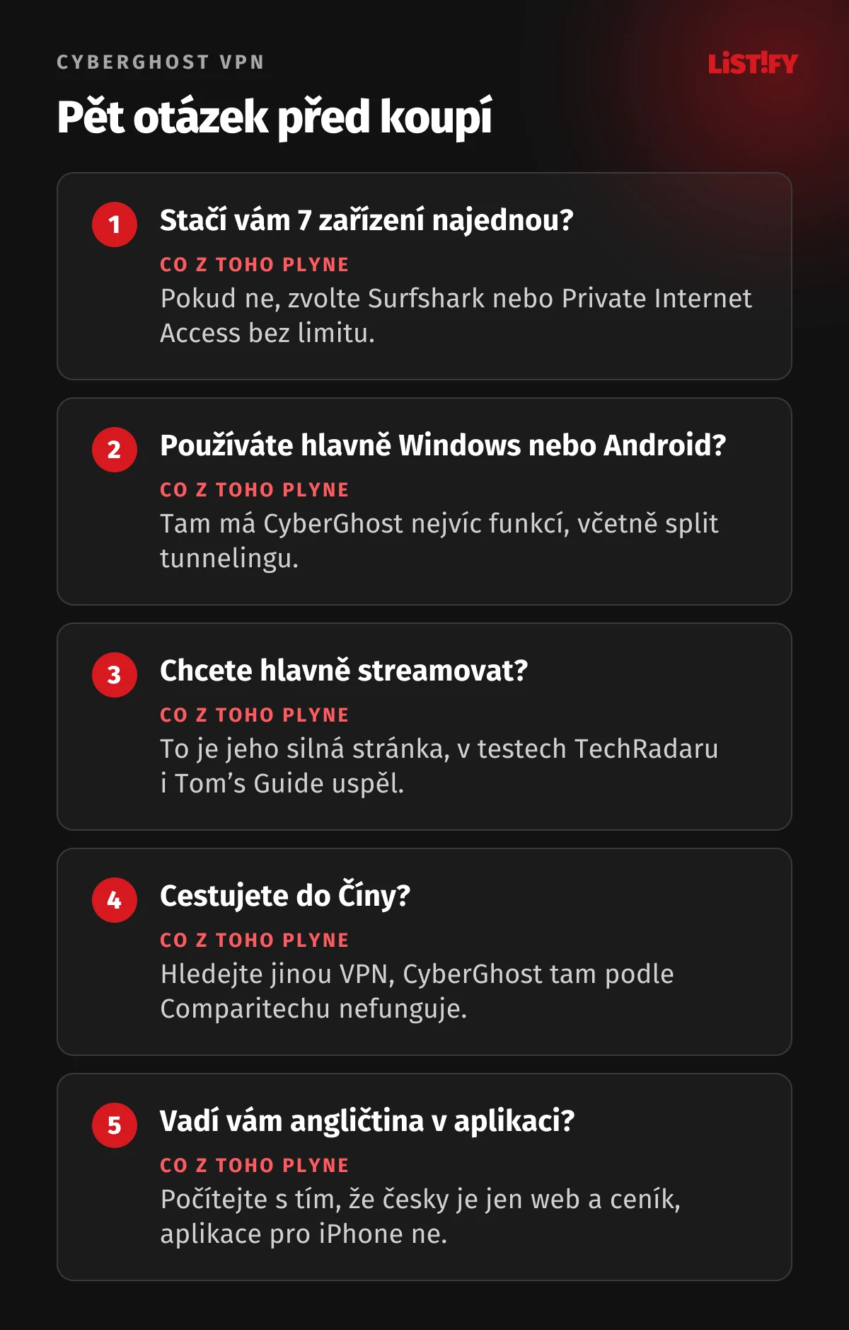 Pět otázek před koupí CyberGhostu: stačí vám 7 zařízení, používáte hlavně Windows nebo Android, chcete streamovat, cestujete do Číny, vadí vám angličtina v aplikaci