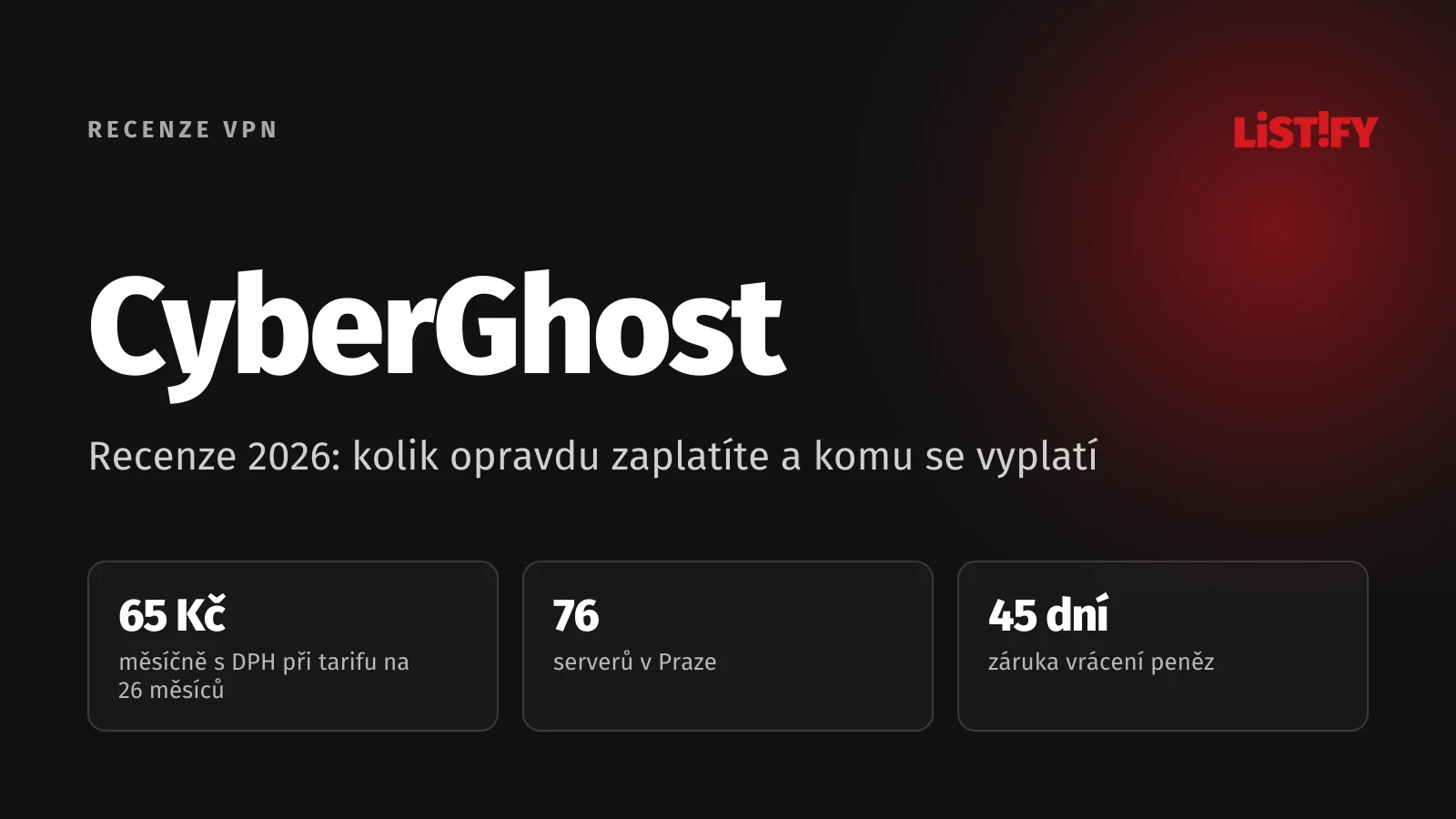 Obálka recenze CyberGhost VPN 2026: zhruba 65 Kč měsíčně s DPH, 76 serverů v Praze, záruka vrácení peněz 45 dní