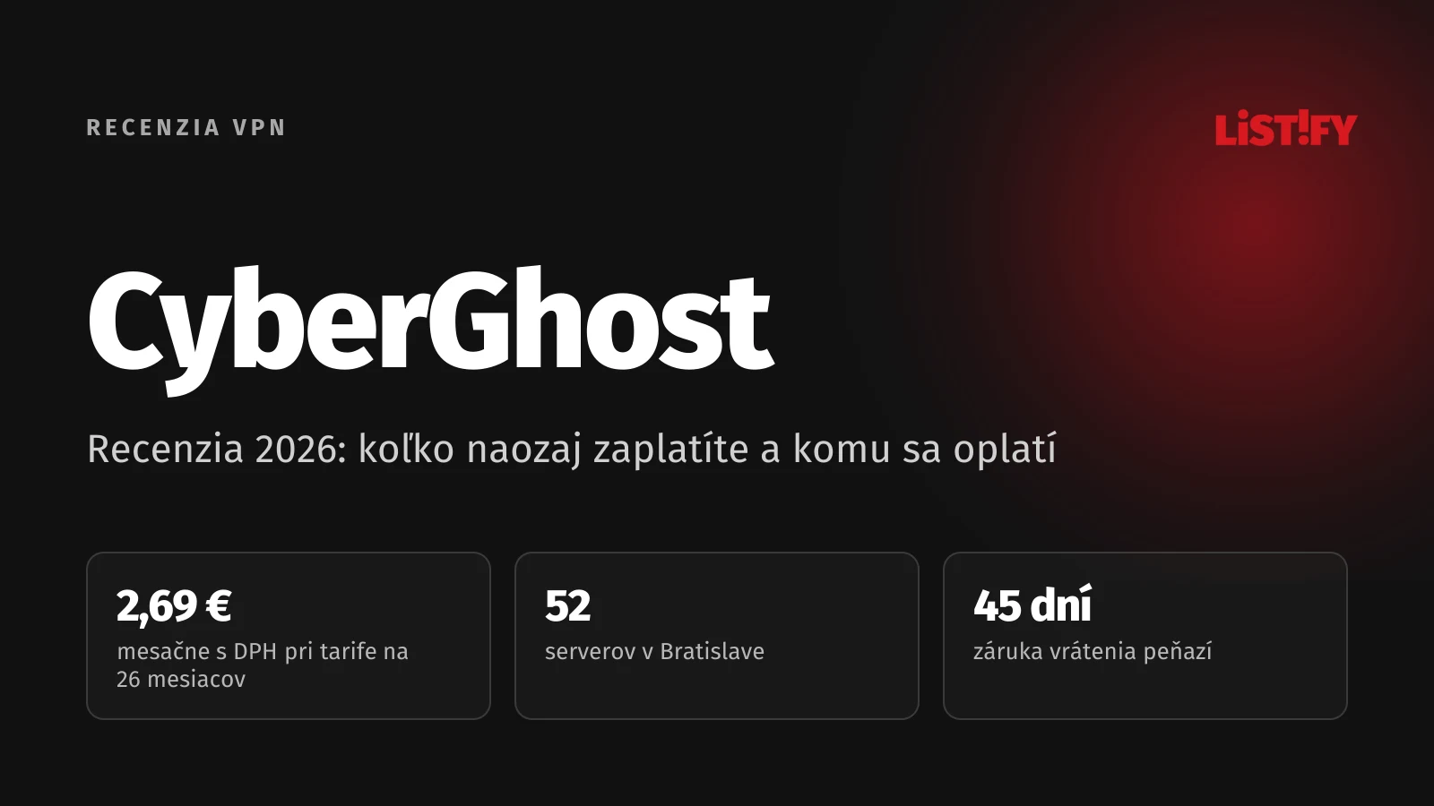 Obálka recenzie CyberGhost VPN 2026: približne 2,69 € mesačne s DPH, 52 serverov v Bratislave, záruka vrátenia peňazí 45 dní
