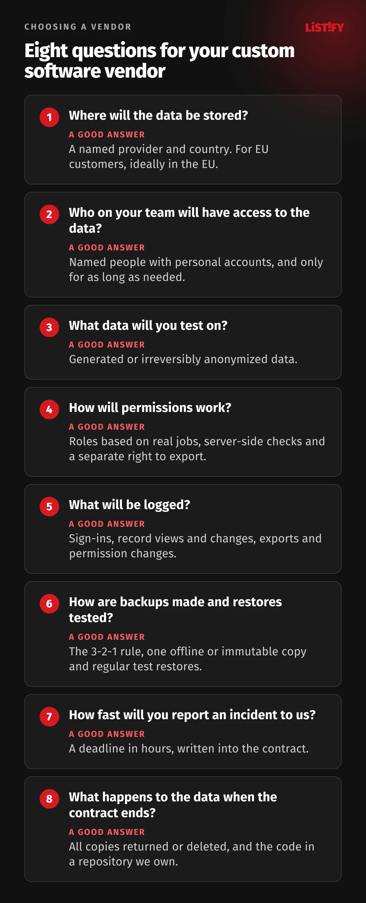 Eight questions for a custom software vendor: where the data will be stored, who on their team will have access, what data they test on, how permissions work, what gets logged, how backups and restores are tested, how fast they report an incident and what happens to the data when the contract ends