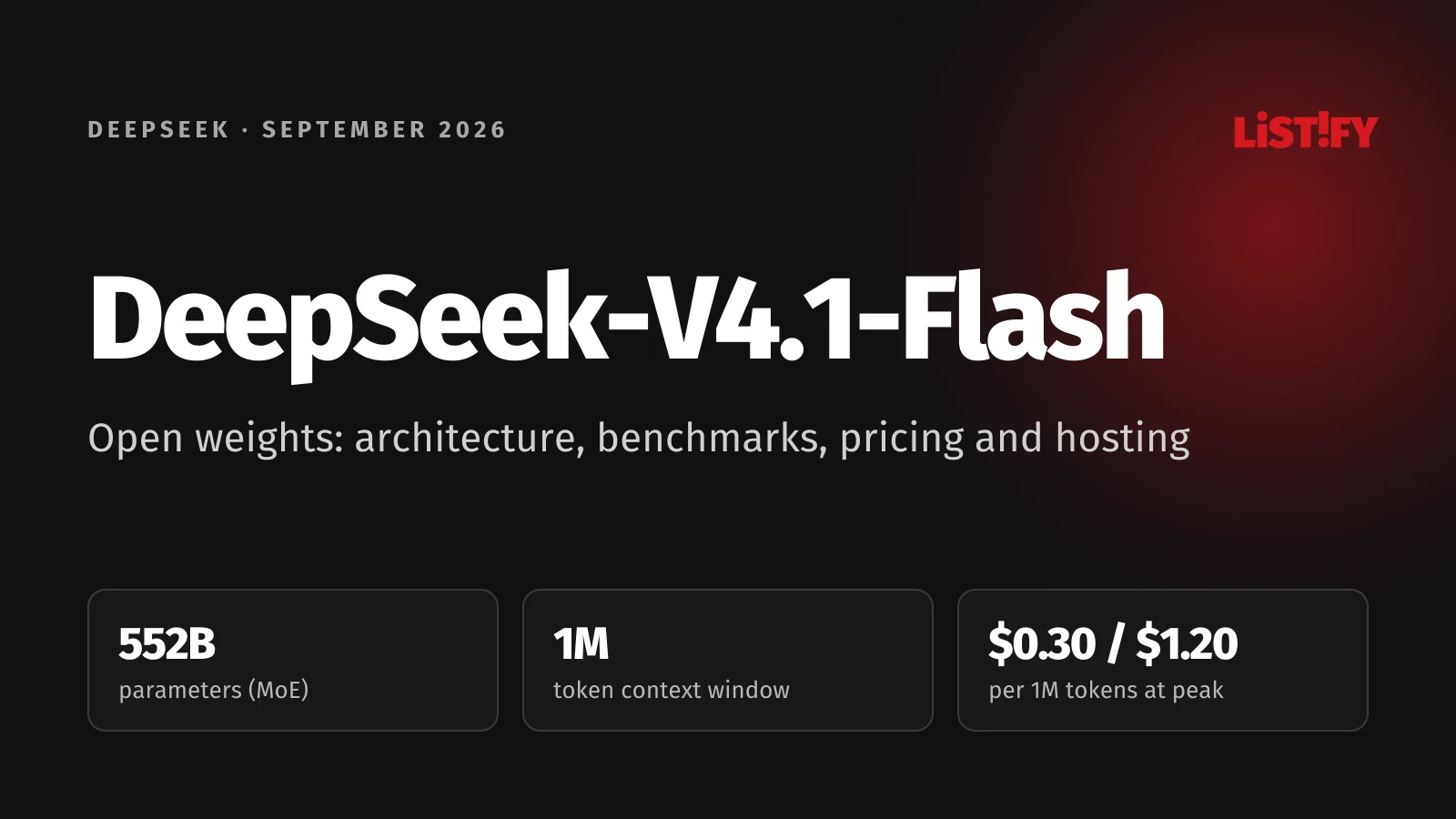 DeepSeek-V4.1-Flash article cover: 552 billion parameters, a 1 million token context window and $0.30 per million input tokens at peak