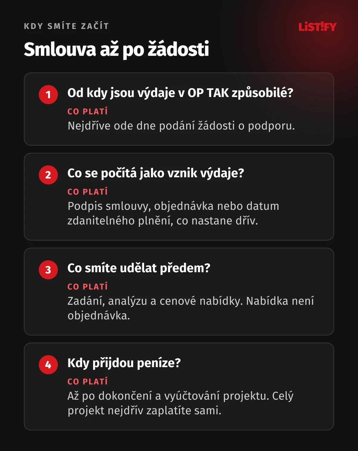 Kdy smíte začít s projektem v OP TAK: výdaje jsou způsobilé až od podání žádosti, za vznik výdaje se počítá smlouva, objednávka nebo zdanitelné plnění, předem smíte připravit zadání, analýzu a nabídky, dotace přijde až po vyúčtování