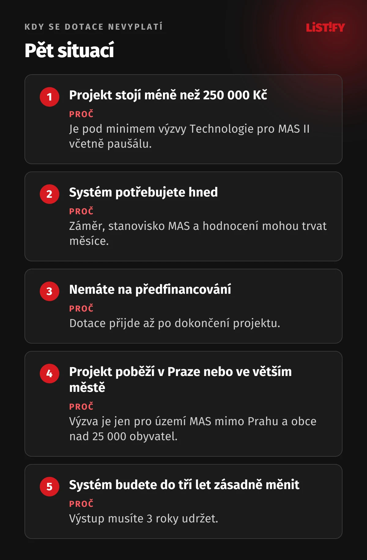 Pět situací, kdy se dotace na software nevyplatí: projekt pod 250 000 Kč, spěch, firma bez peněz na předfinancování, Praha a větší města, systém, který budete do tří let výrazně měnit